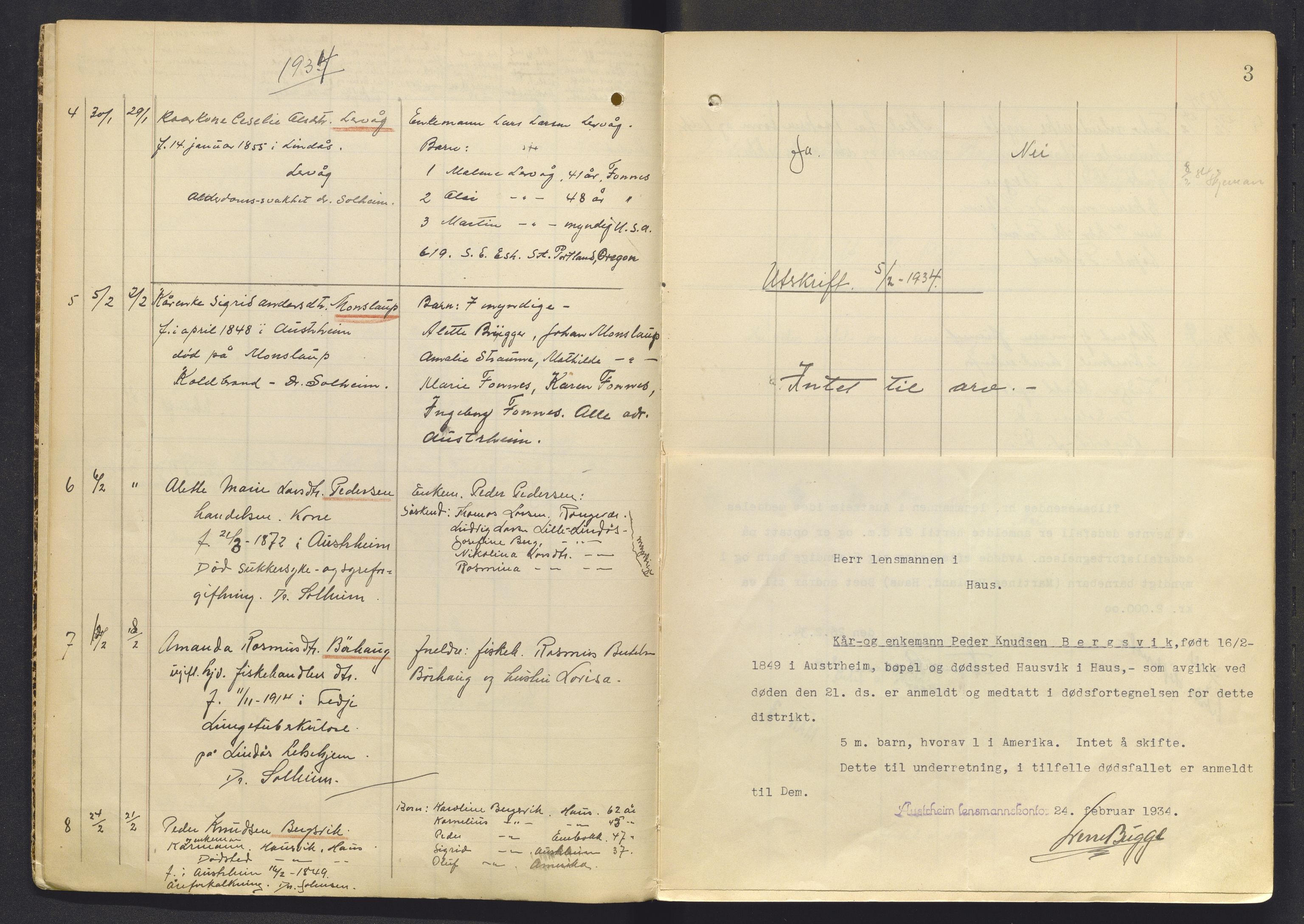 Lensmannen i Austrheim og Fedje, AV/SAB-A-31201/0006/L0001: Dødsfallsprotokoll, 1933-1940, p. 3