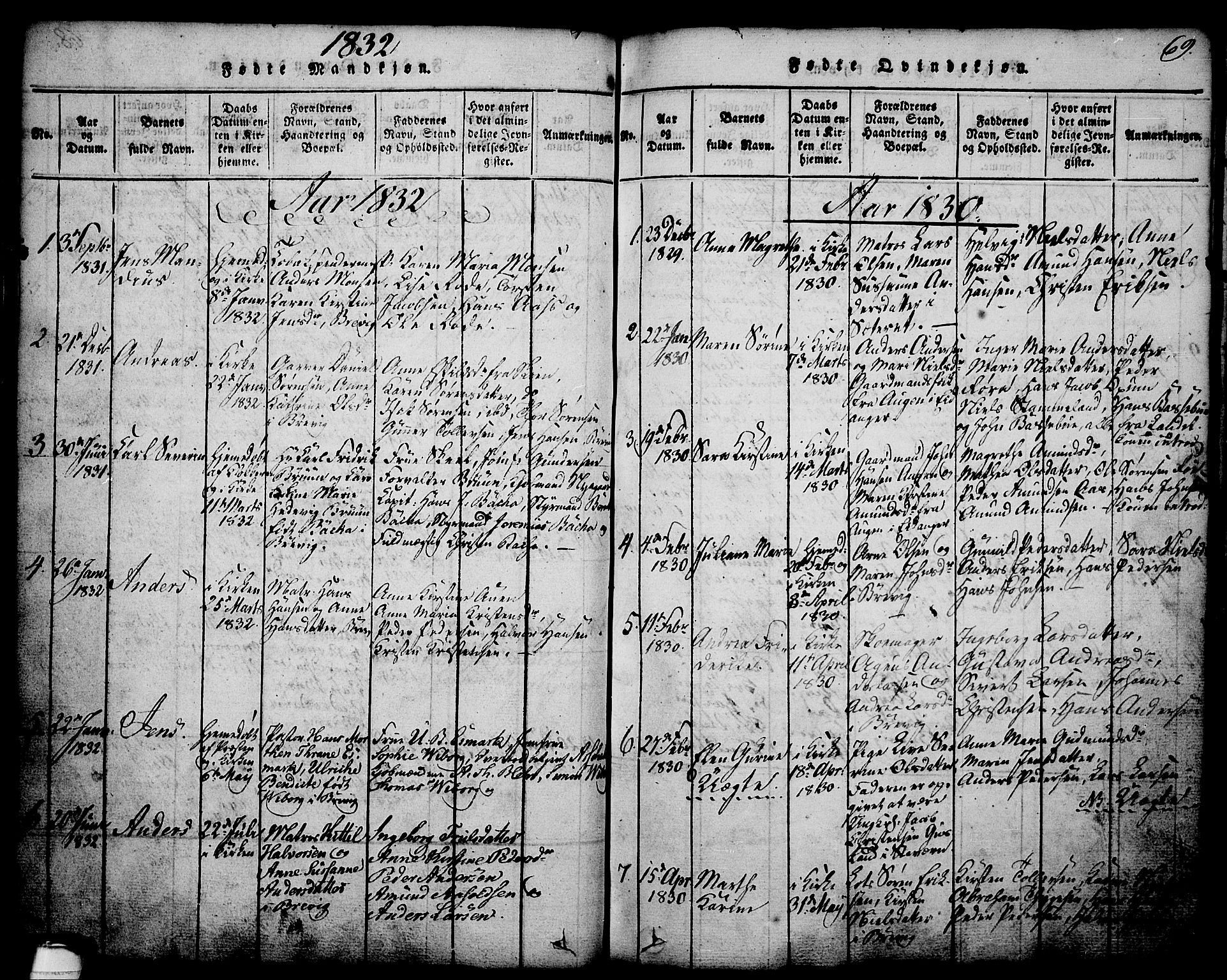 Brevik kirkebøker, AV/SAKO-A-255/G/Ga/L0001: Parish register (copy) no. 1, 1814-1845, p. 69