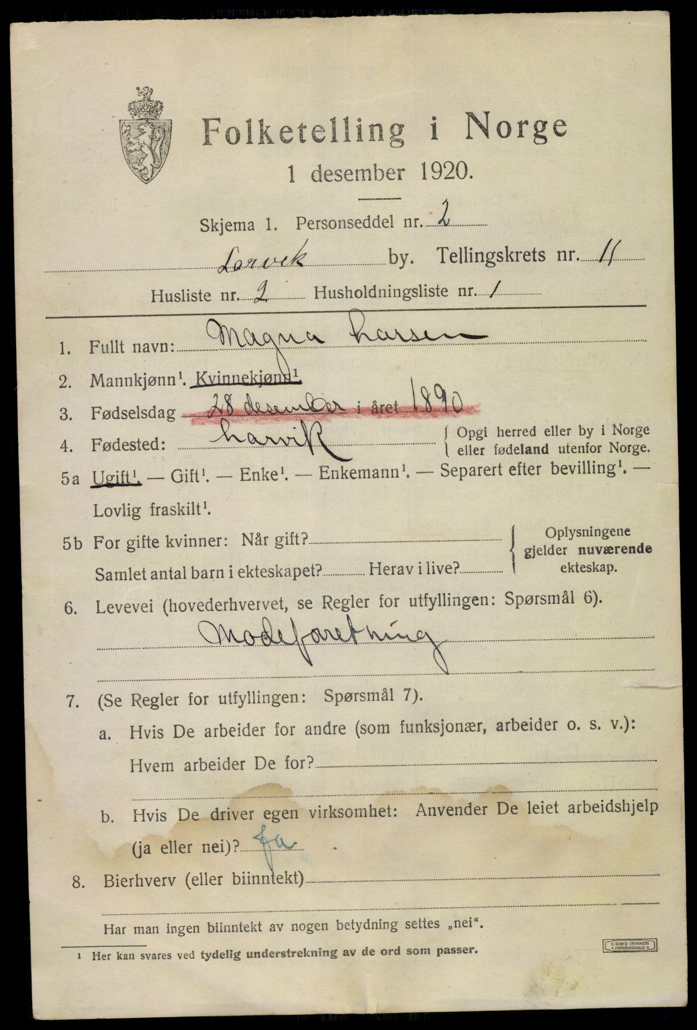 SAKO, 1920 census for Larvik, 1920, p. 28420