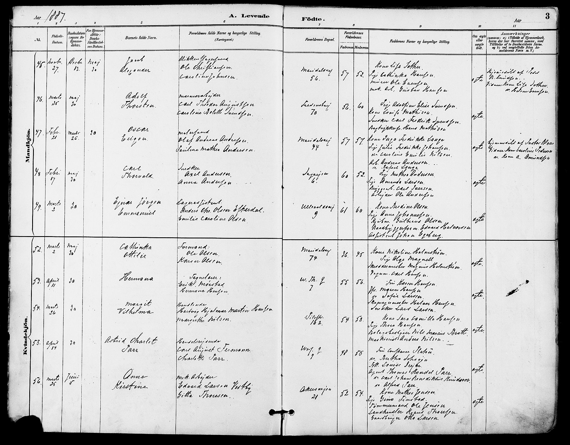 Gamle Aker prestekontor Kirkebøker, AV/SAO-A-10617a/F/L0008: Parish register (official) no. 8, 1887-1896, p. 3