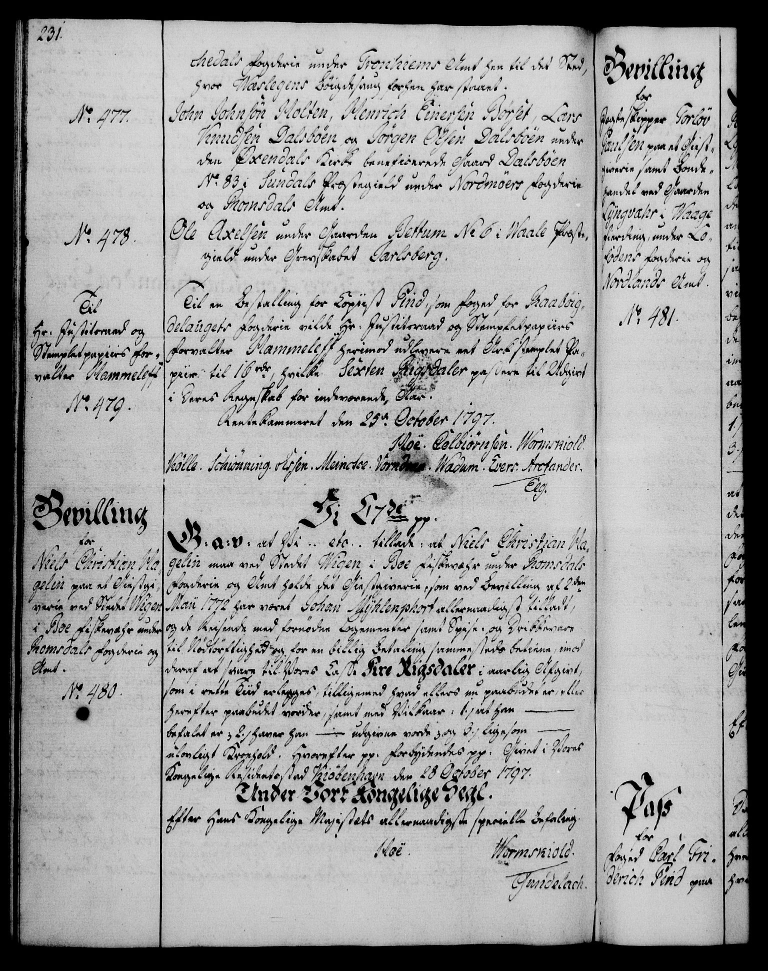 Rentekammeret, Kammerkanselliet, AV/RA-EA-3111/G/Gg/Gga/L0016: Norsk ekspedisjonsprotokoll med register (merket RK 53.16), 1794-1800, p. 231