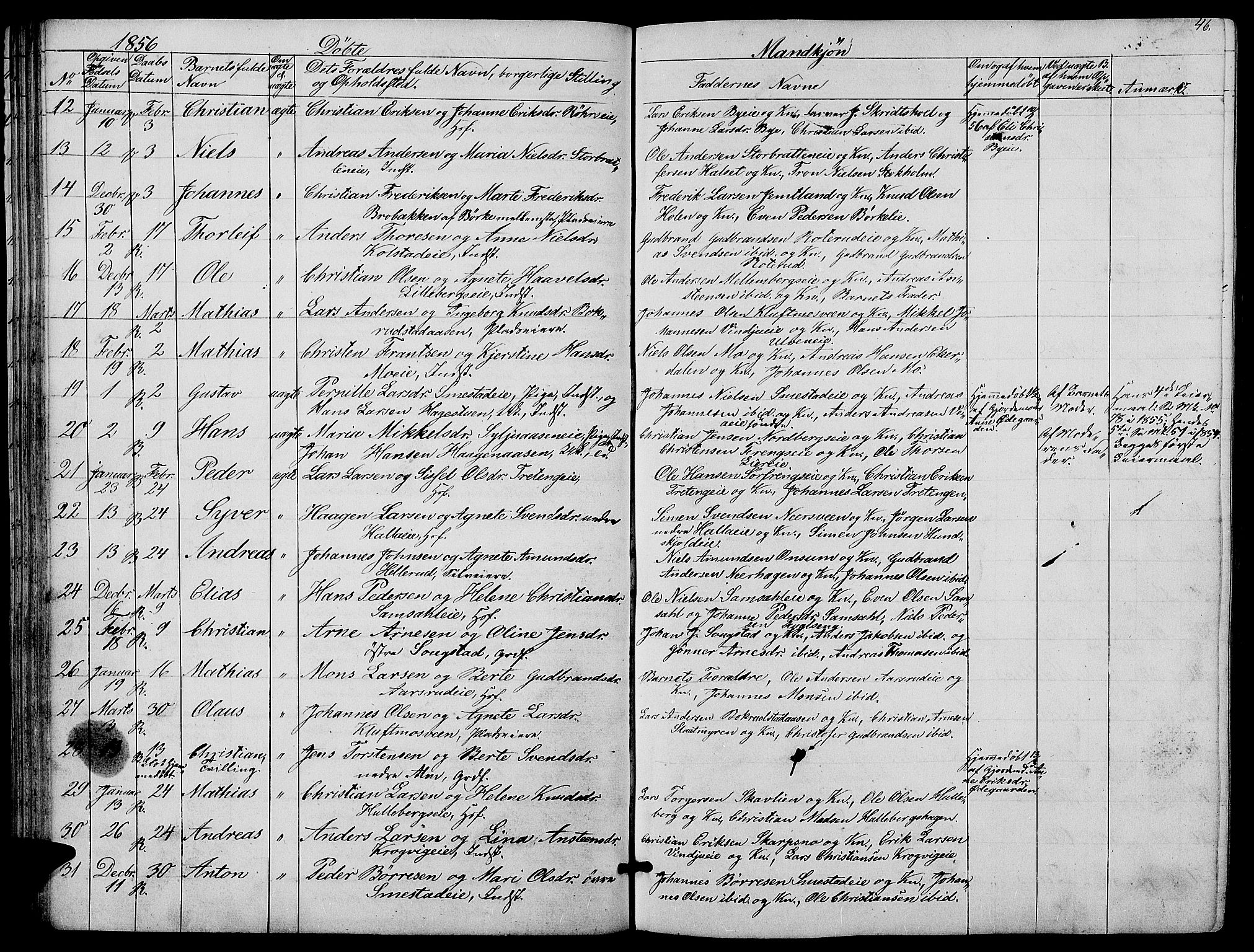 Ringsaker prestekontor, SAH/PREST-014/L/La/L0006: Parish register (copy) no. 6, 1851-1860, p. 46