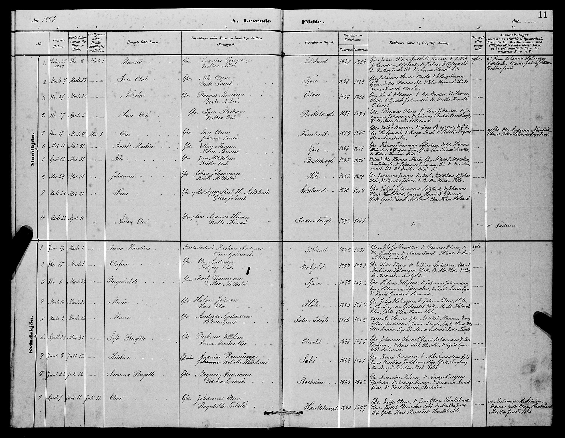 Manger sokneprestembete, AV/SAB-A-76801/H/Hab: Parish register (copy) no. D 2, 1883-1894, p. 11