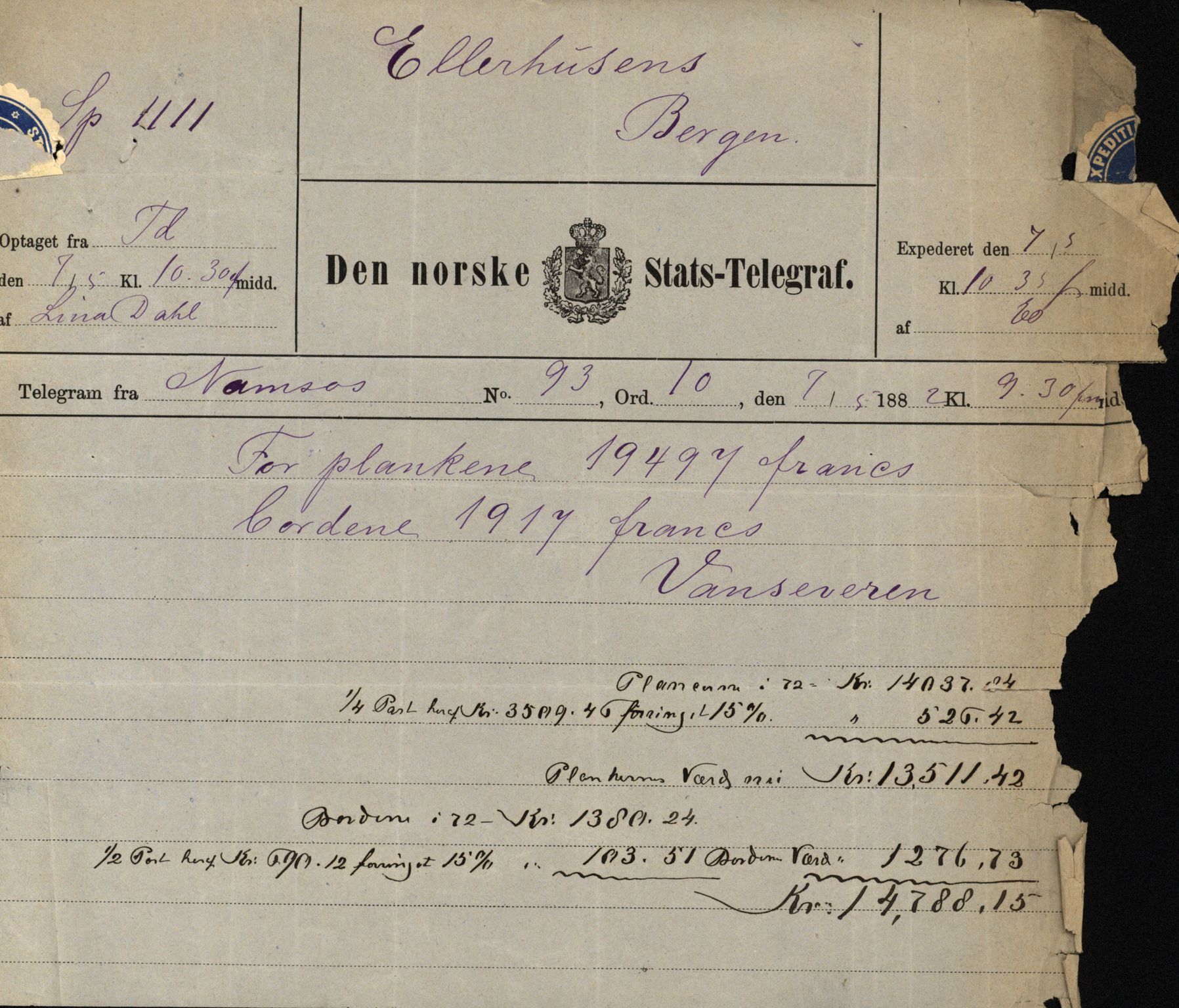 Pa 63 - Østlandske skibsassuranceforening, VEMU/A-1079/G/Ga/L0015/0003: Havaridokumenter / Egerøen, 1882