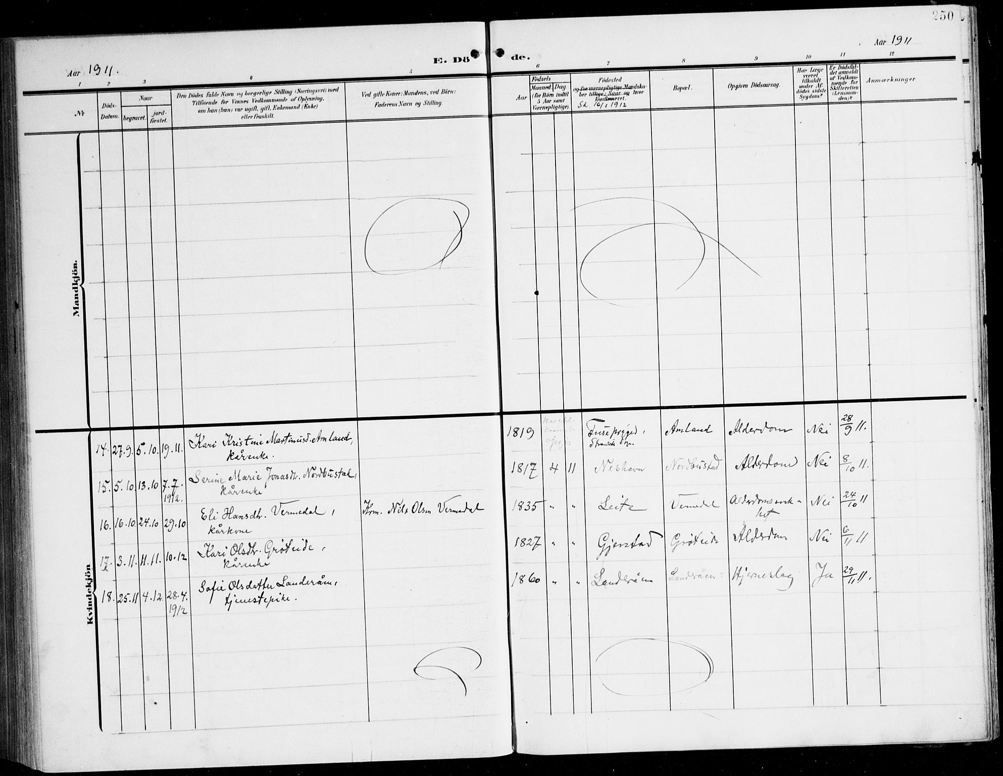 Tysnes sokneprestembete, AV/SAB-A-78601/H/Haa: Parish register (official) no. D 2, 1905-1922, p. 250