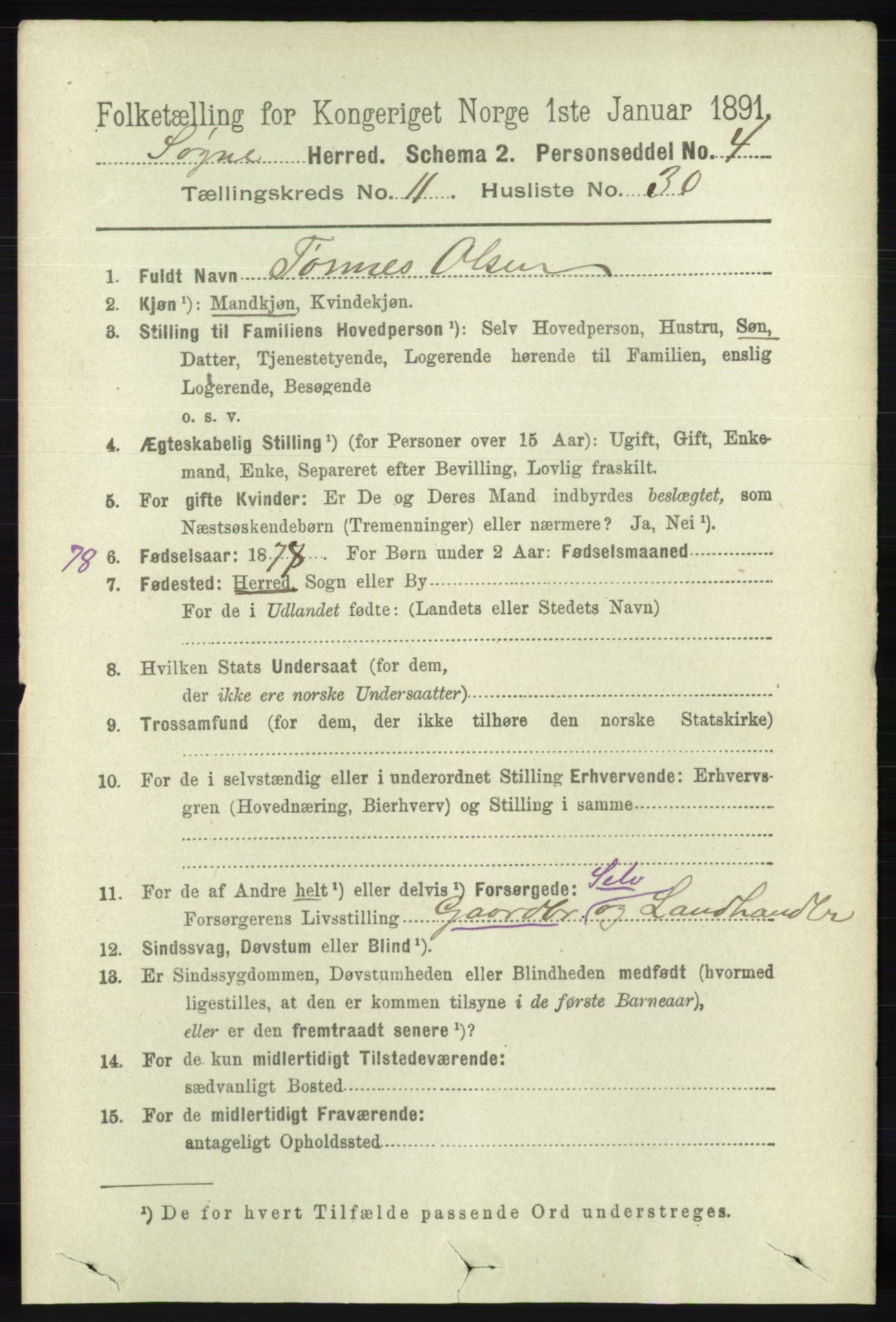 RA, 1891 census for 1018 Søgne, 1891, p. 3097