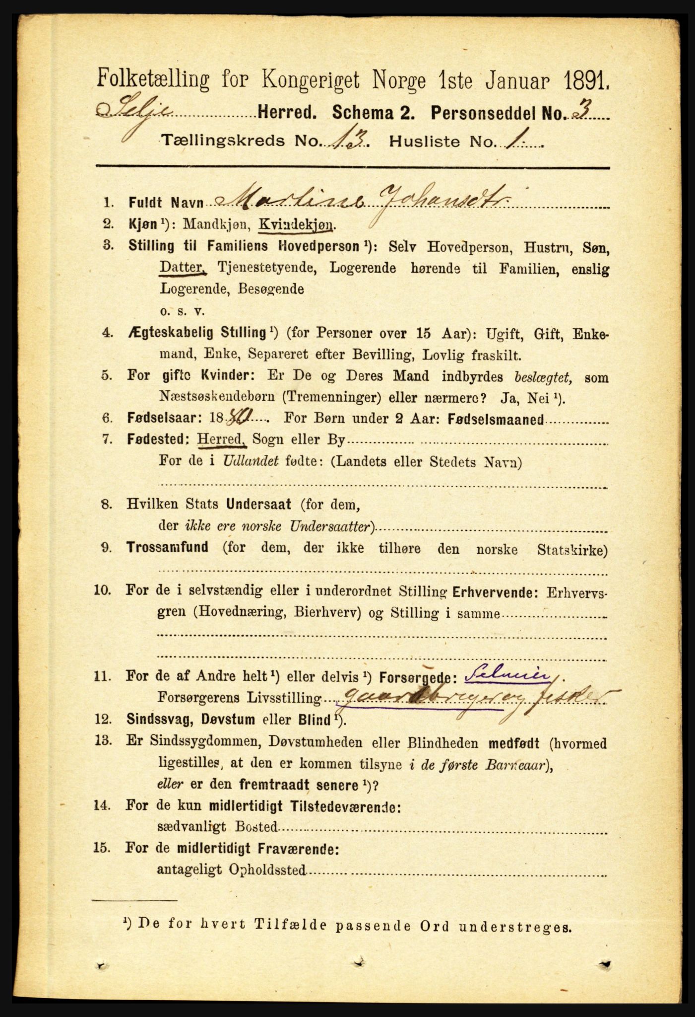 RA, 1891 census for 1441 Selje, 1891, p. 4109