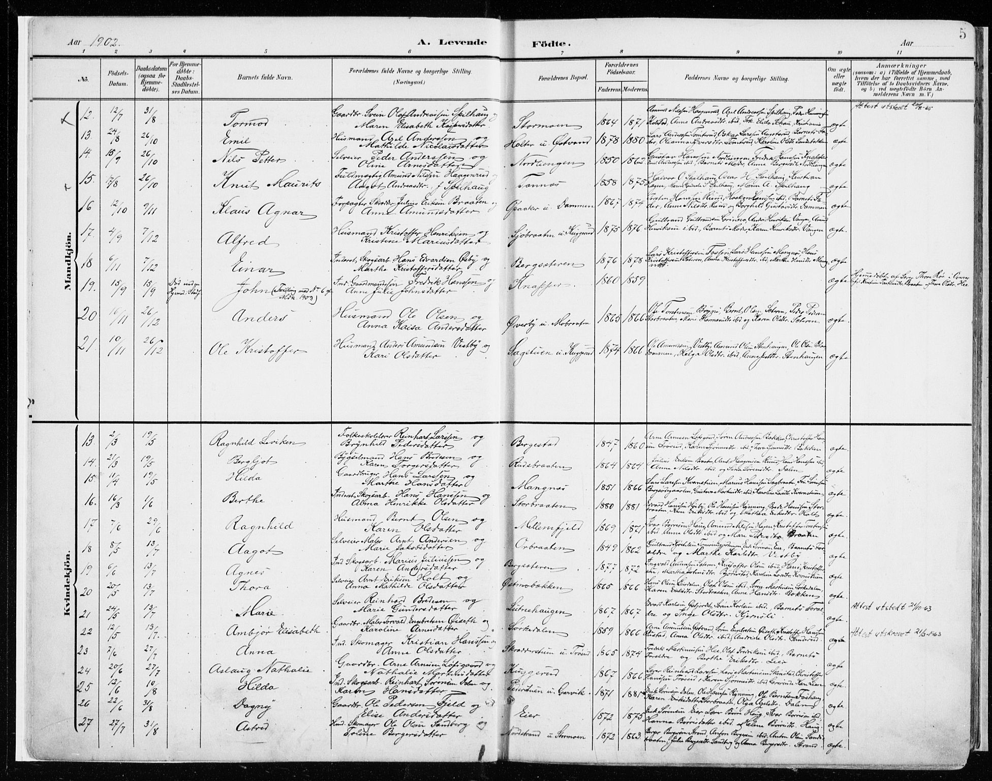 Nord-Odal prestekontor, AV/SAH-PREST-032/H/Ha/Haa/L0009: Parish register (official) no. 9, 1902-1926, p. 5