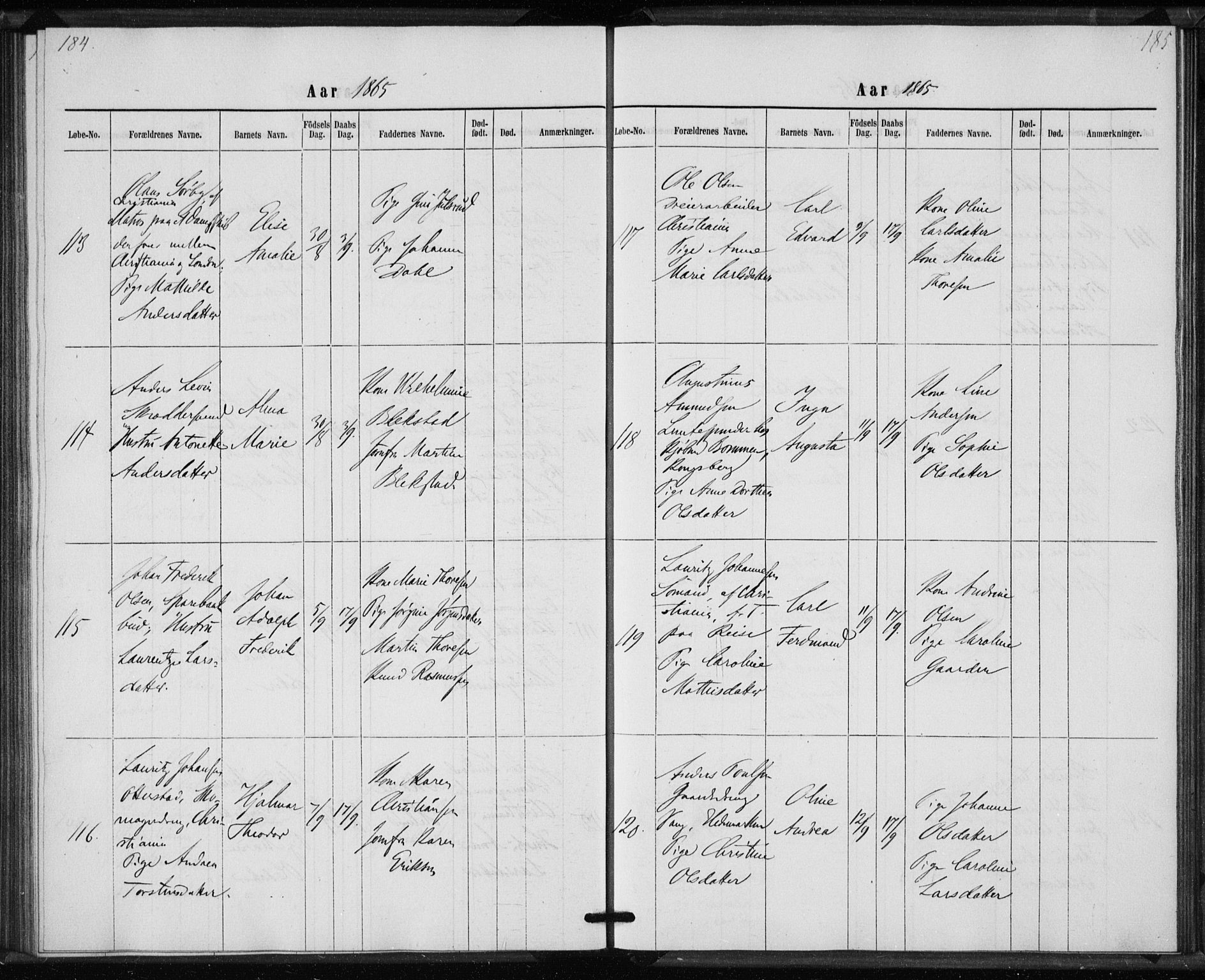 Rikshospitalet prestekontor Kirkebøker, AV/SAO-A-10309b/K/L0002/0002: Baptism register no. 2.2, 1860-1868, p. 184-185