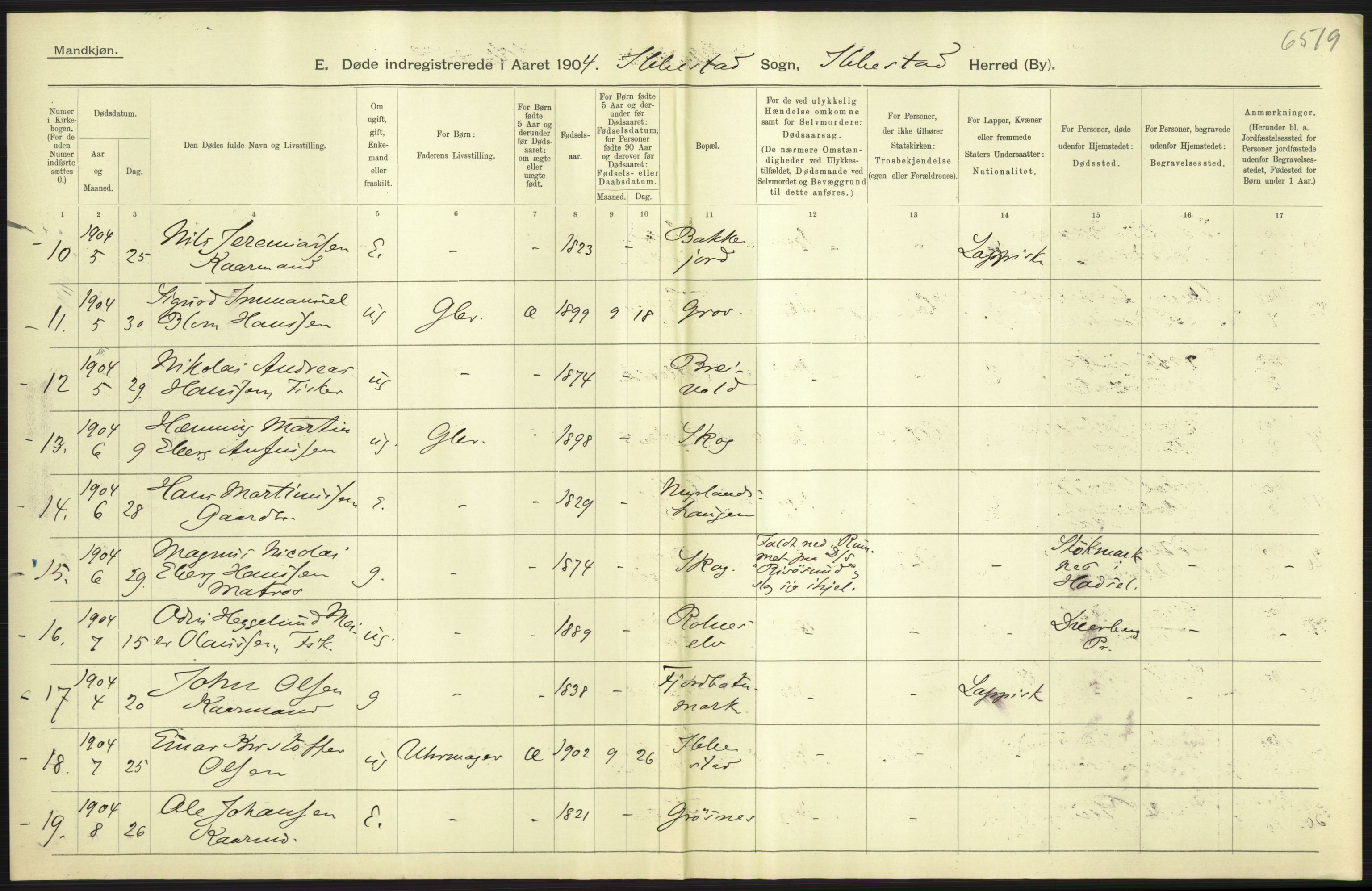 Statistisk sentralbyrå, Sosiodemografiske emner, Befolkning, AV/RA-S-2228/D/Df/Dfa/Dfab/L0022: Tromsø amt: Fødte, gifte, døde, 1904, p. 513