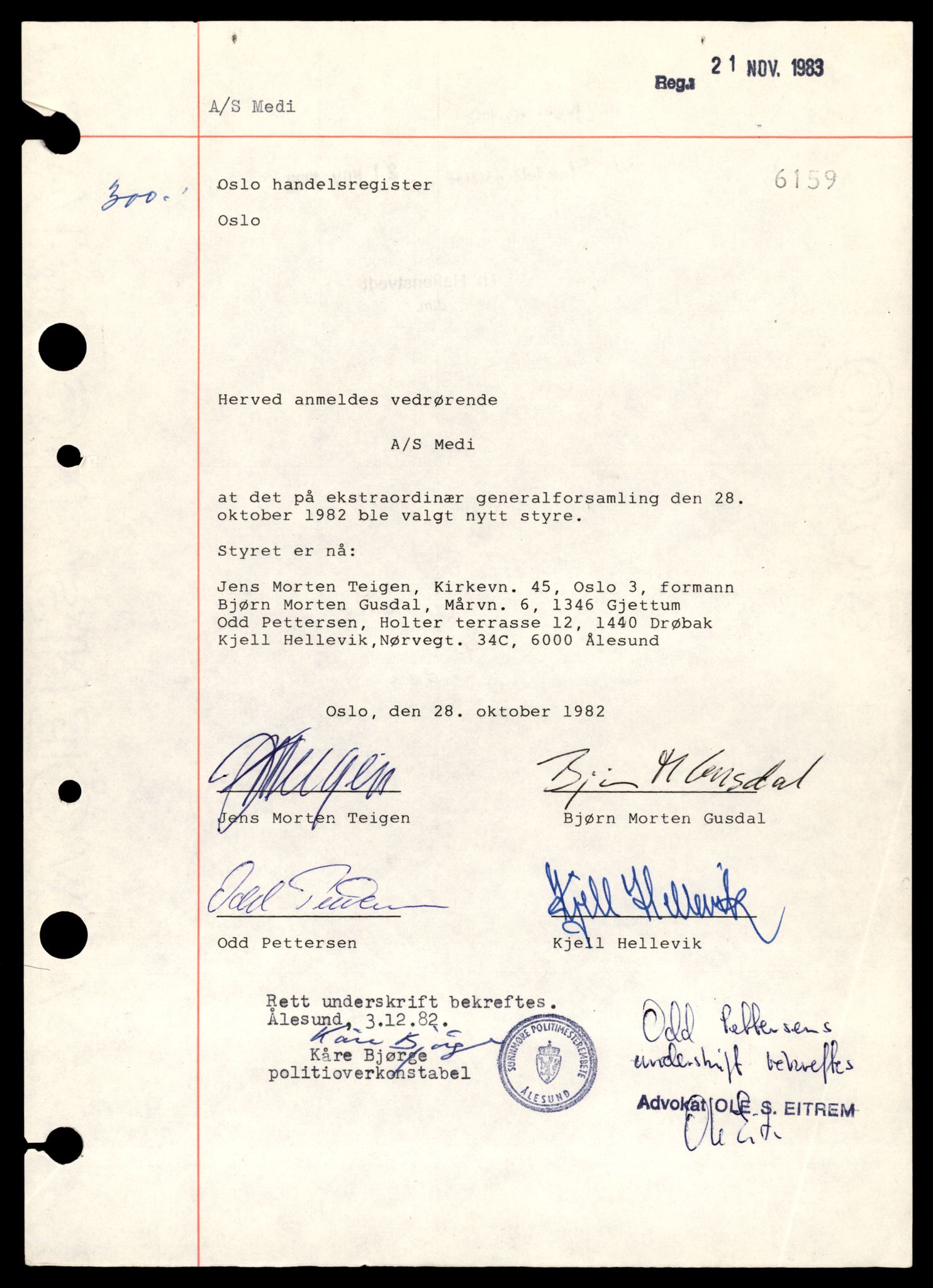 Oslo byfogd, Handelsregisteret, AV/SAT-A-10867/G/Gb/Gbb/L0077: Registreringsmeldinger, Me-Norsk, 1985, p. 1