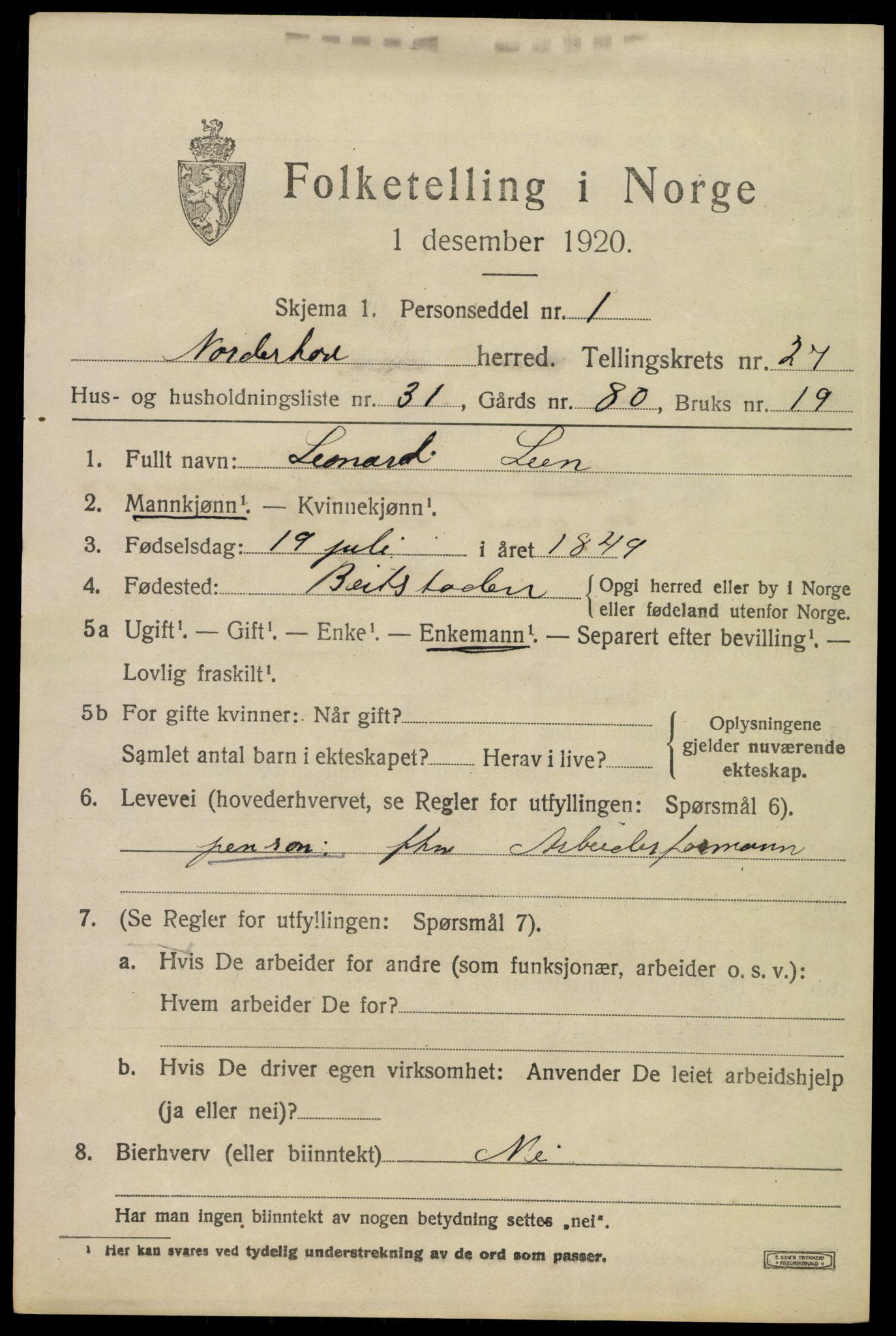 SAKO, 1920 census for Norderhov, 1920, p. 24816
