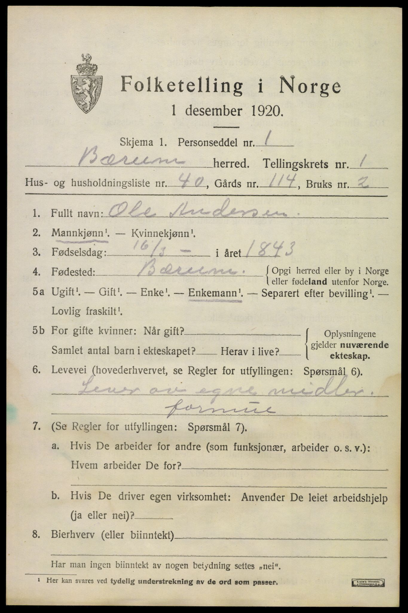 SAO, 1920 census for Bærum, 1920, p. 5604