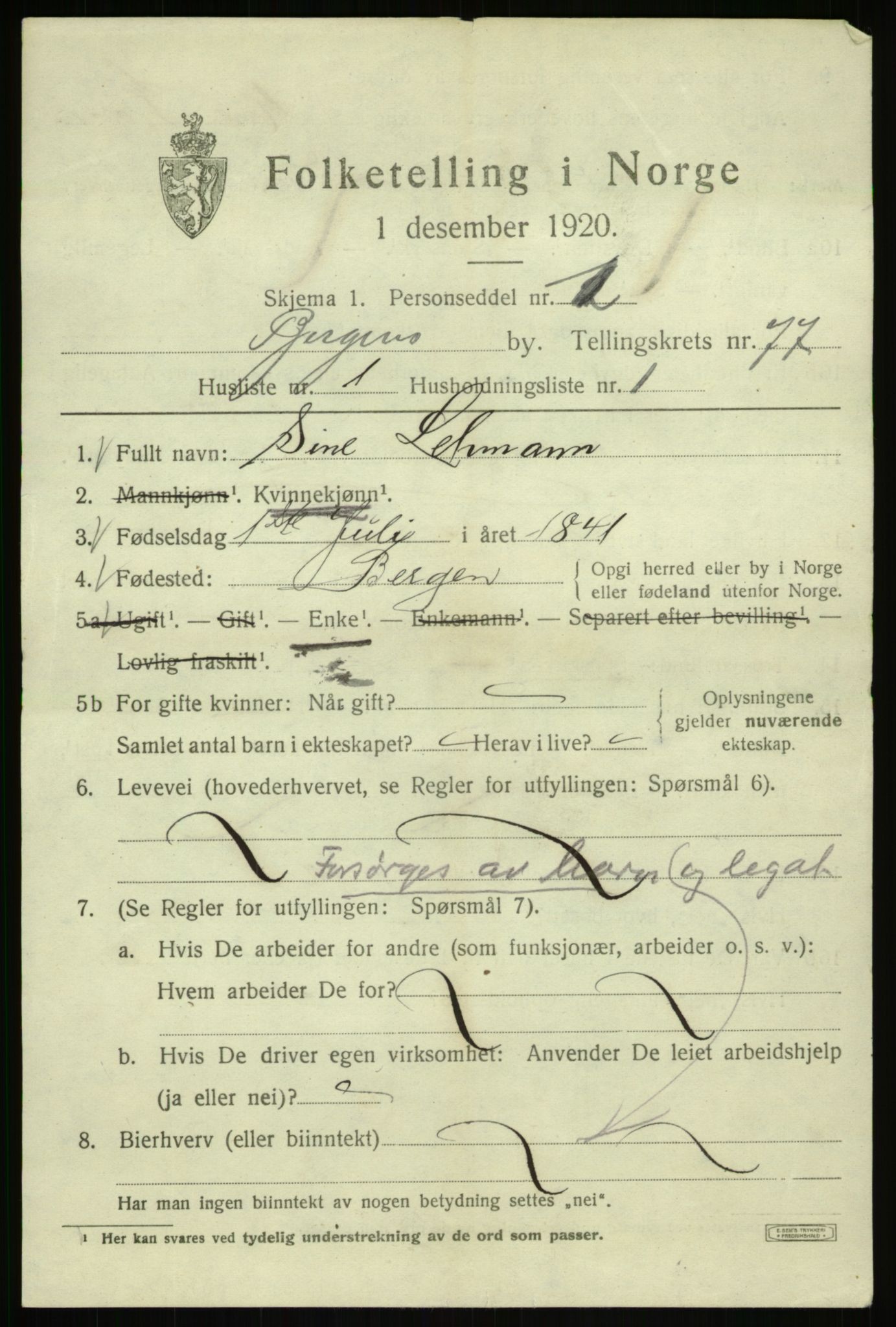 SAB, 1920 census for Bergen, 1920, p. 147668