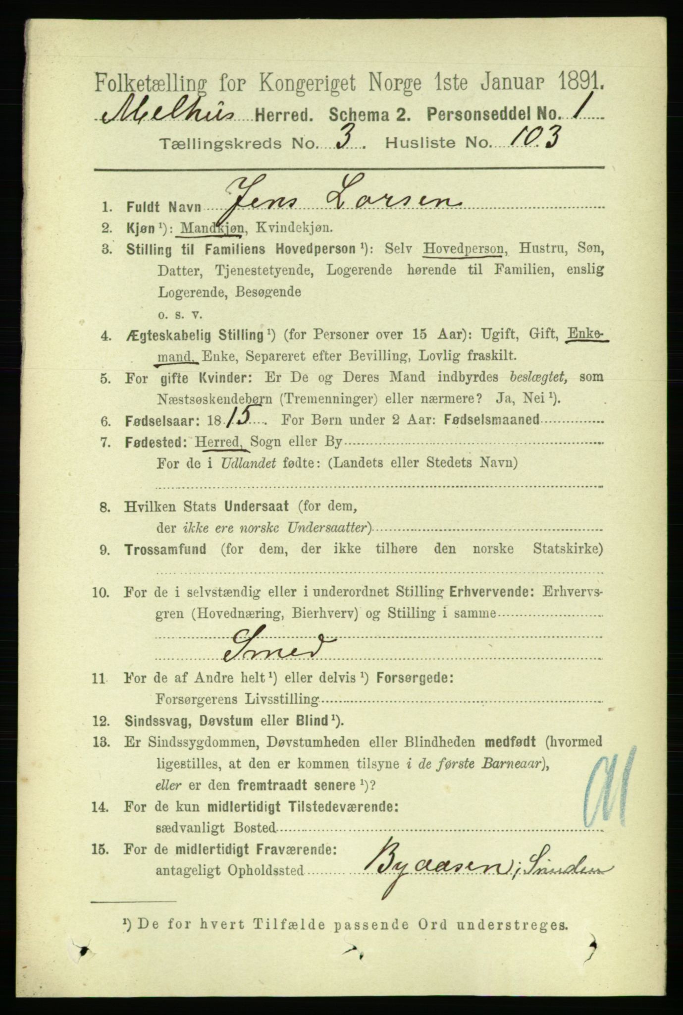 RA, 1891 census for 1653 Melhus, 1891, p. 1896