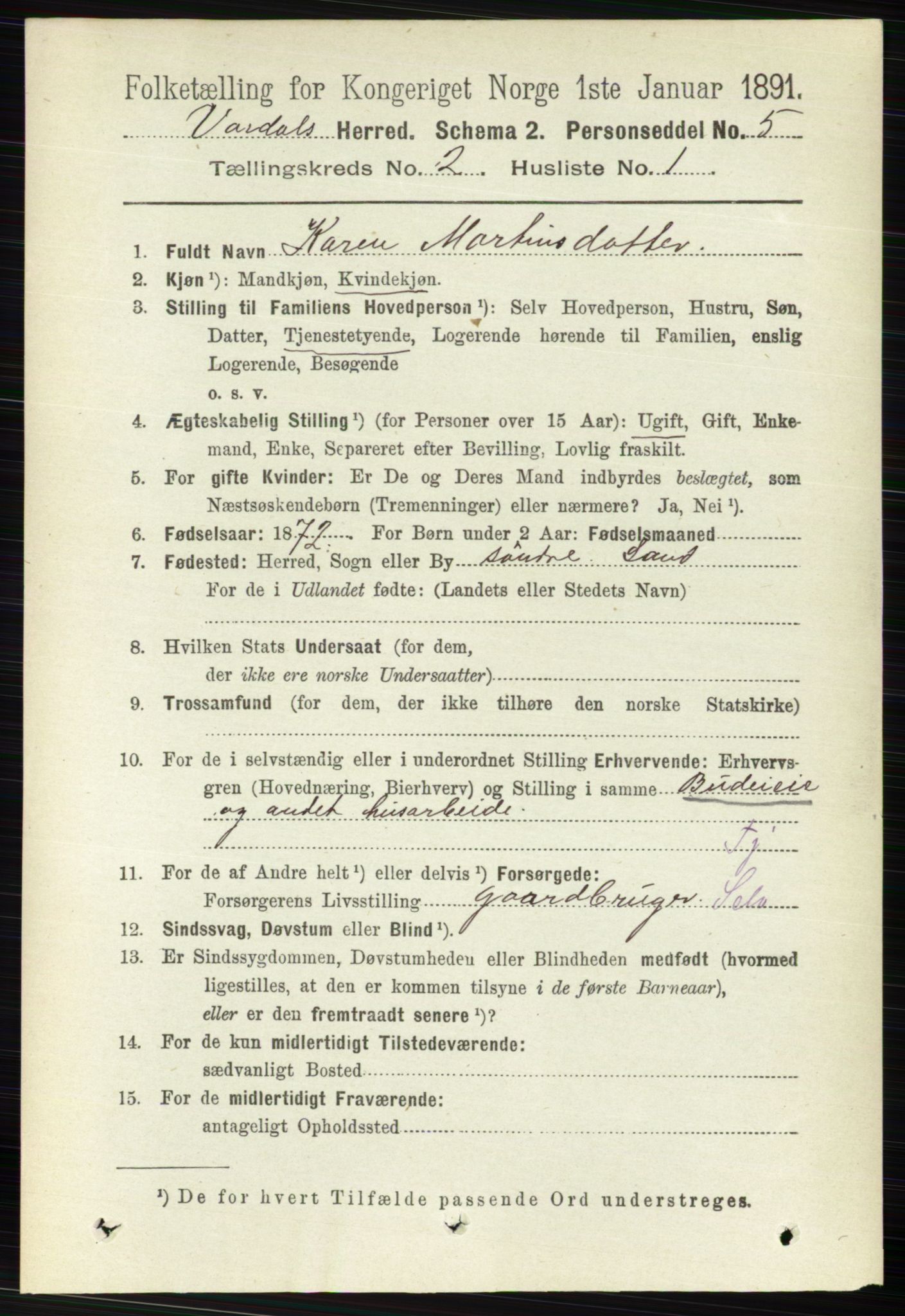 RA, 1891 census for 0527 Vardal, 1891, p. 528