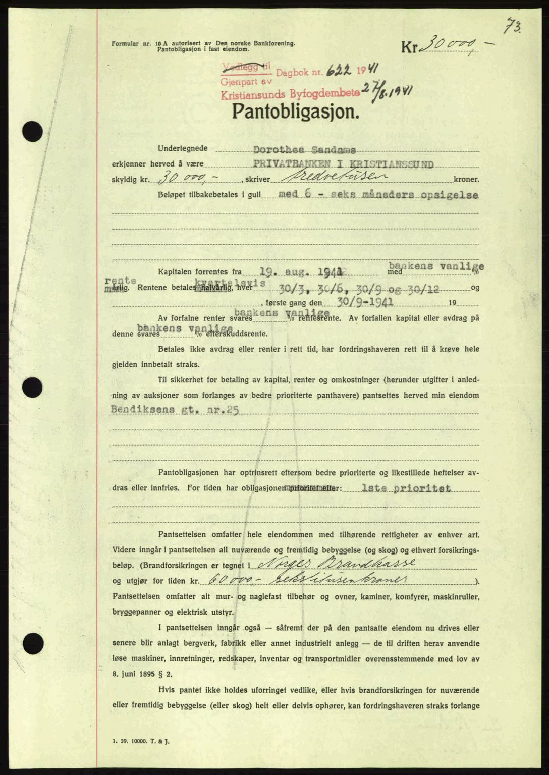 Kristiansund byfogd, AV/SAT-A-4587/A/27: Mortgage book no. 35, 1941-1942, Diary no: : 622/1941