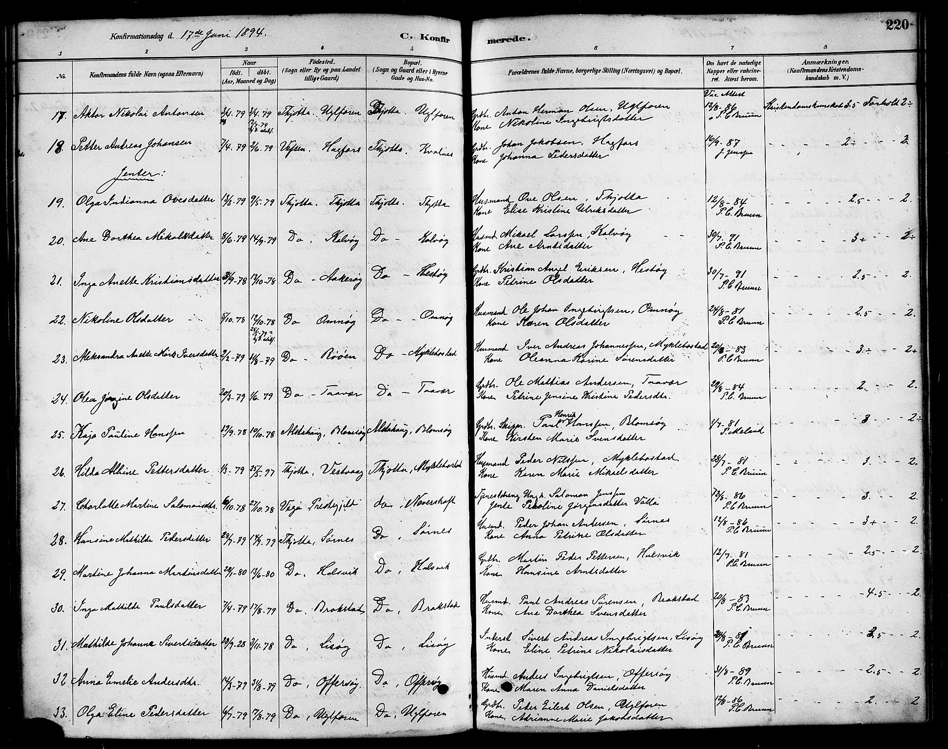 Ministerialprotokoller, klokkerbøker og fødselsregistre - Nordland, AV/SAT-A-1459/817/L0268: Parish register (copy) no. 817C03, 1884-1920, p. 220