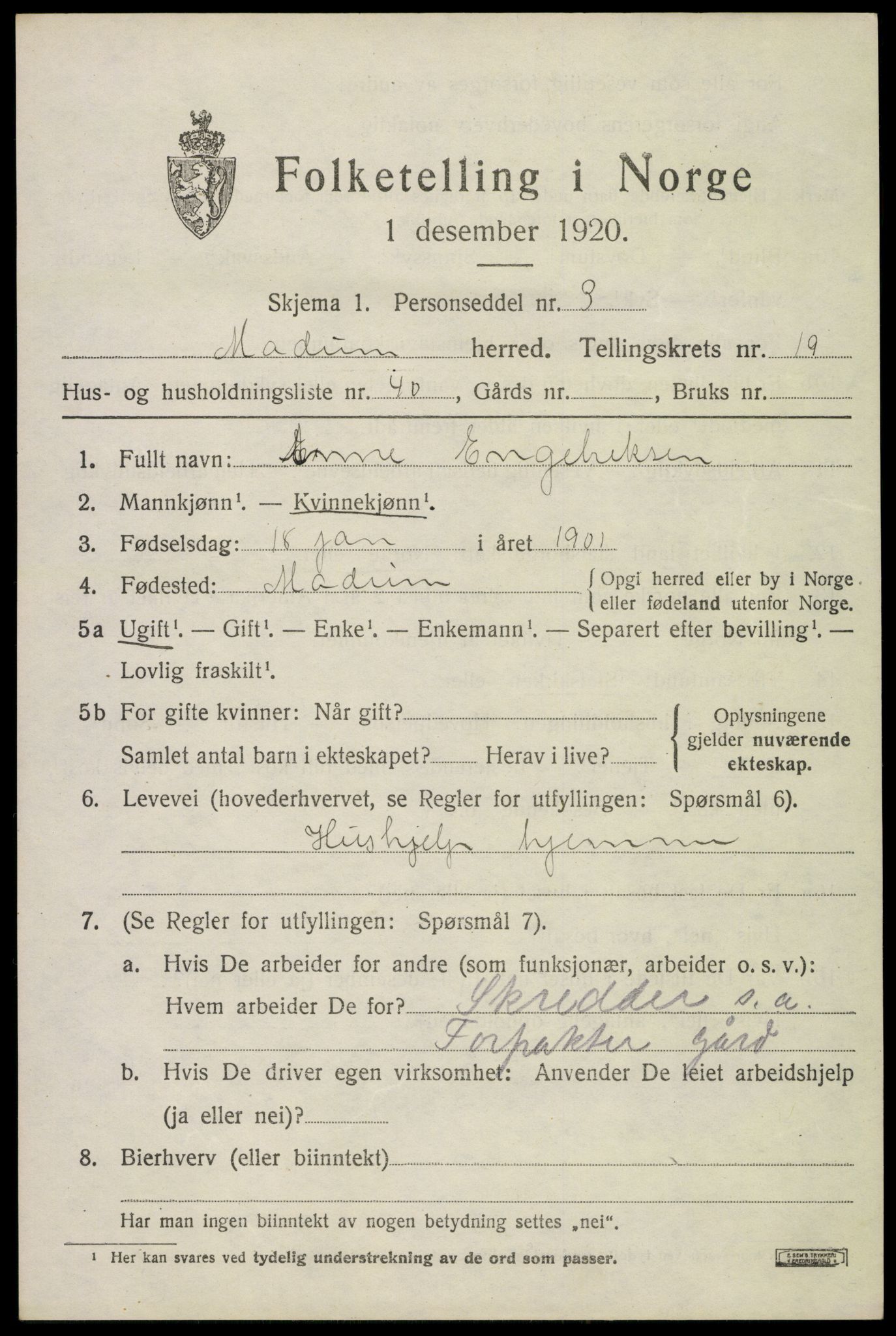 SAKO, 1920 census for Modum, 1920, p. 22095