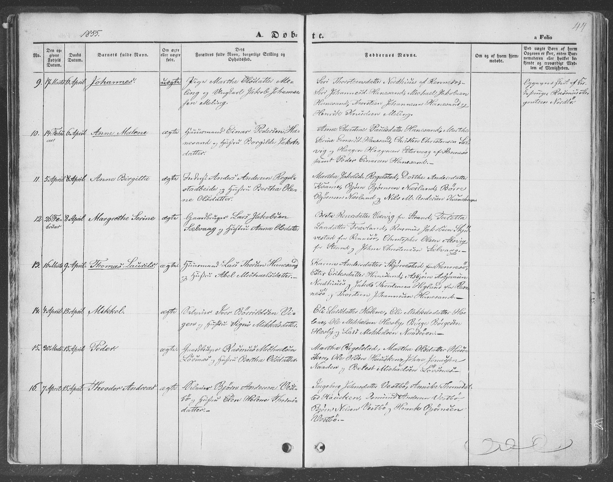 Finnøy sokneprestkontor, SAST/A-101825/H/Ha/Haa/L0007: Parish register (official) no. A 7, 1847-1862, p. 44