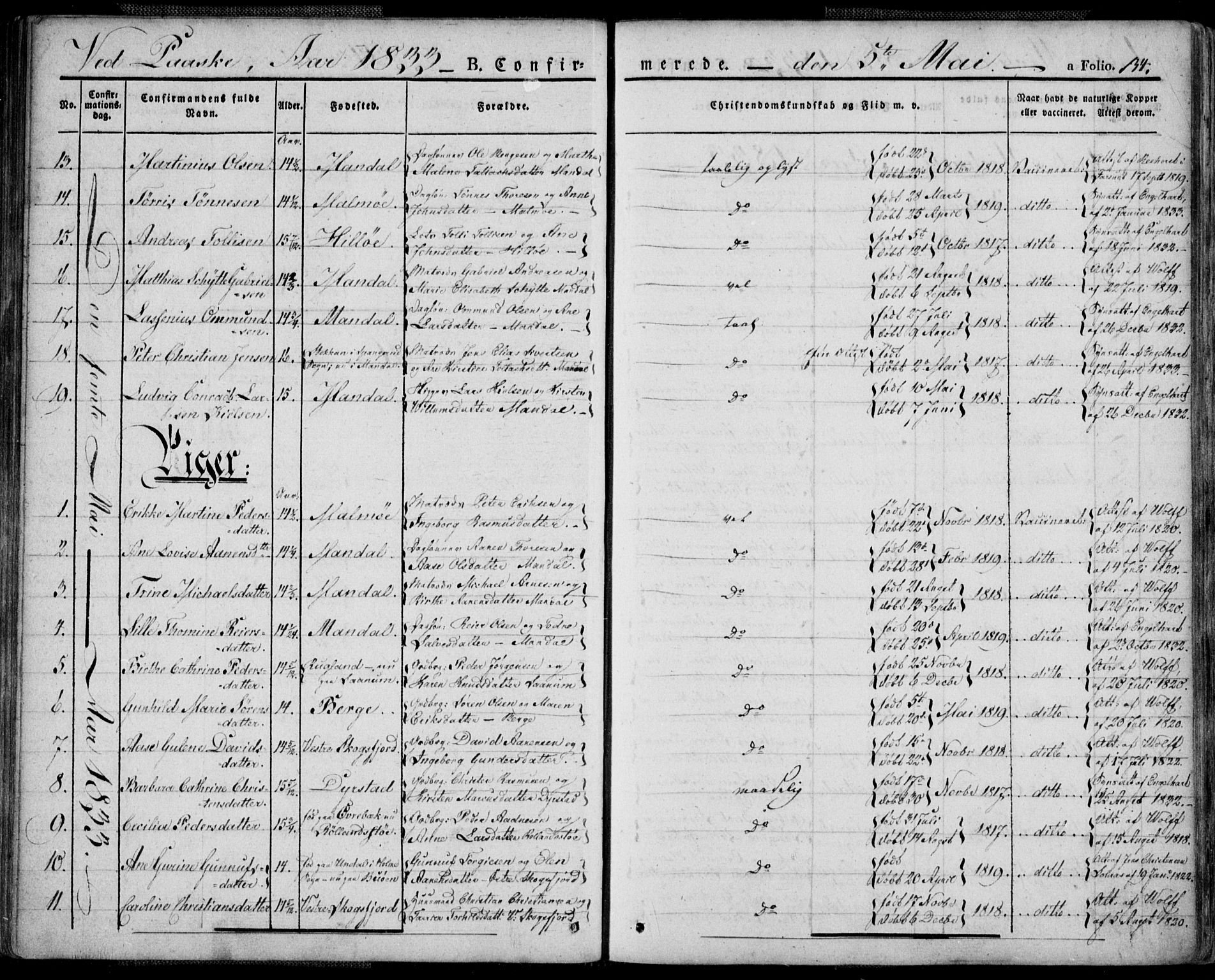 Mandal sokneprestkontor, SAK/1111-0030/F/Fa/Faa/L0011: Parish register (official) no. A 11, 1830-1839, p. 134