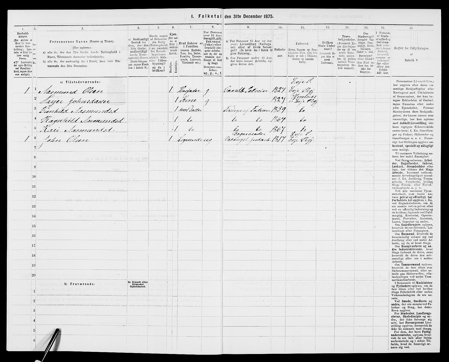 SAK, 1875 census for 0934P Evje, 1875, p. 403