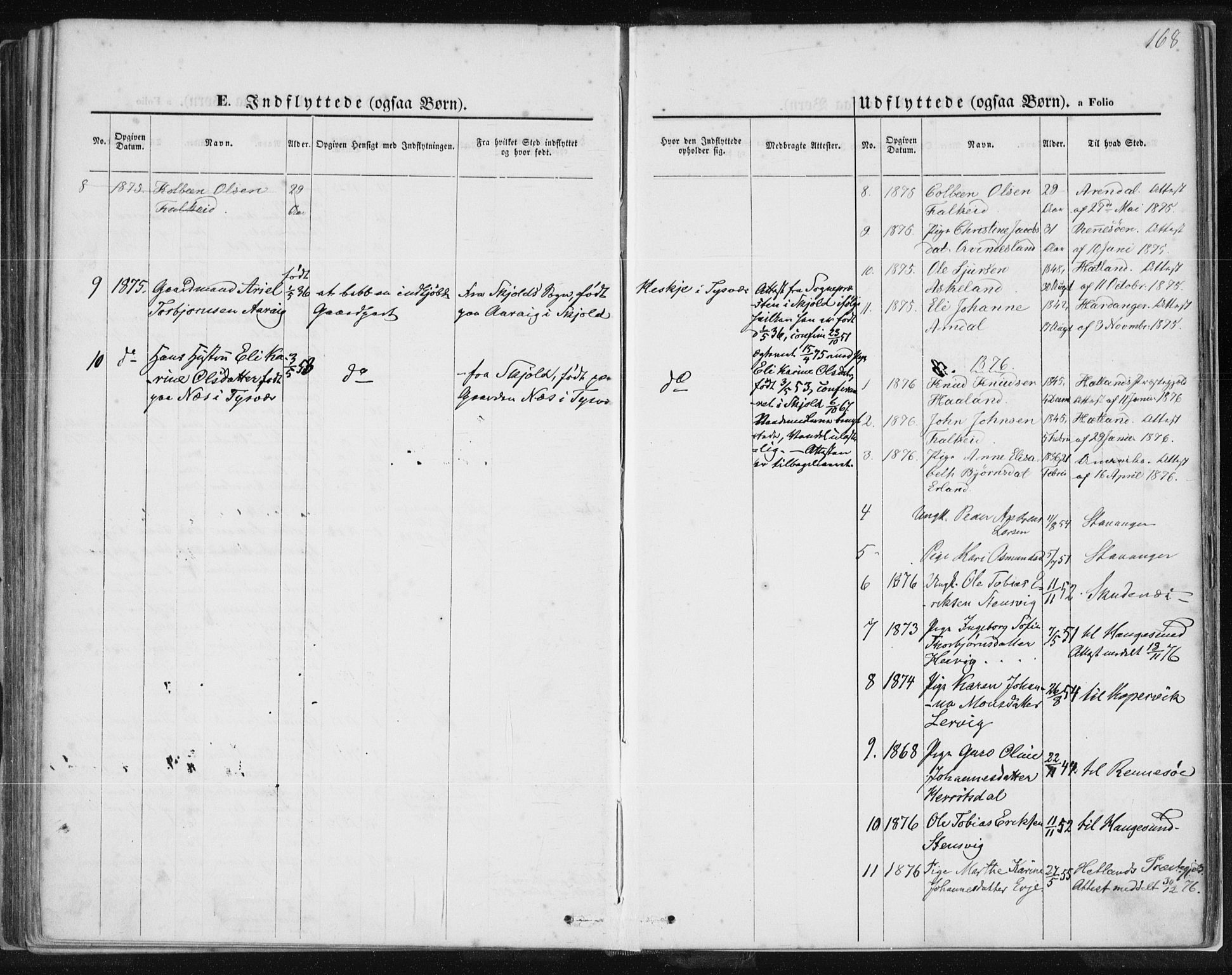 Tysvær sokneprestkontor, AV/SAST-A -101864/H/Ha/Haa/L0005: Parish register (official) no. A 5, 1865-1878, p. 168