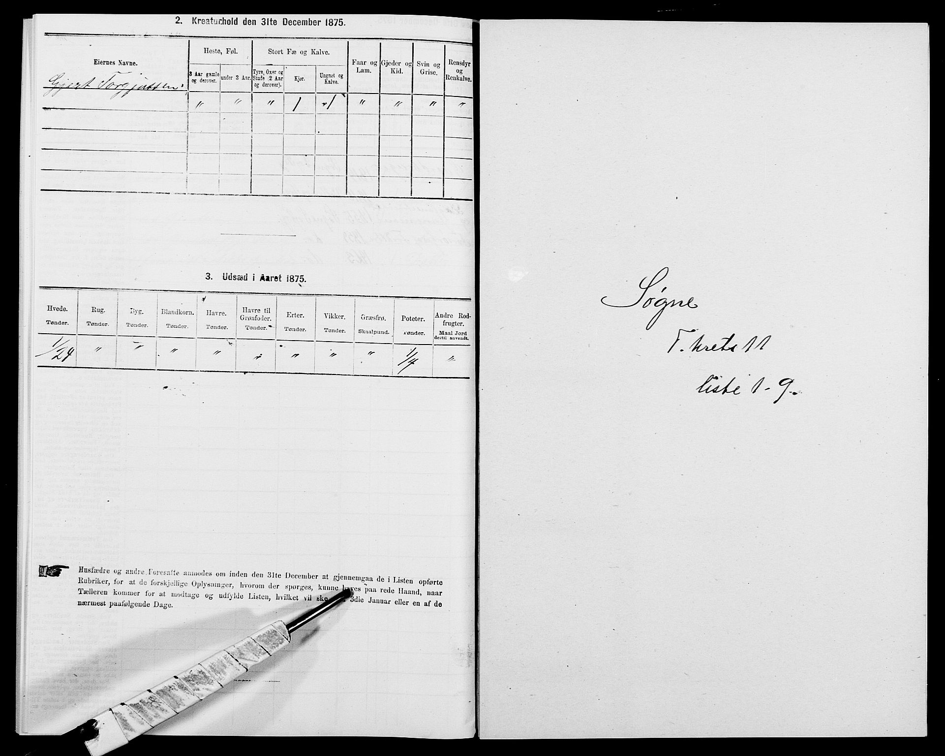 SAK, 1875 census for 1018P Søgne, 1875, p. 836