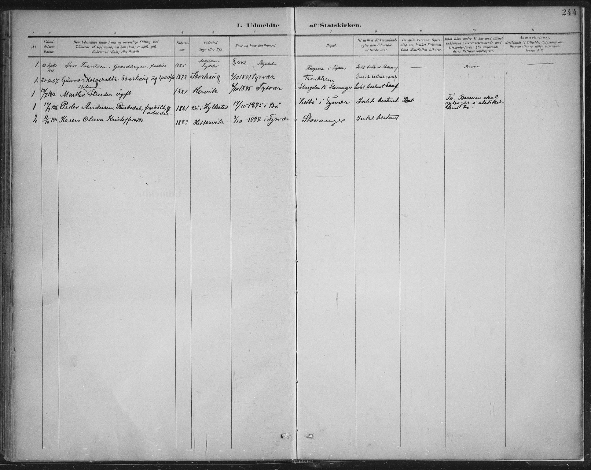 Tysvær sokneprestkontor, AV/SAST-A -101864/H/Ha/Haa/L0008: Parish register (official) no. A 8, 1897-1918, p. 244