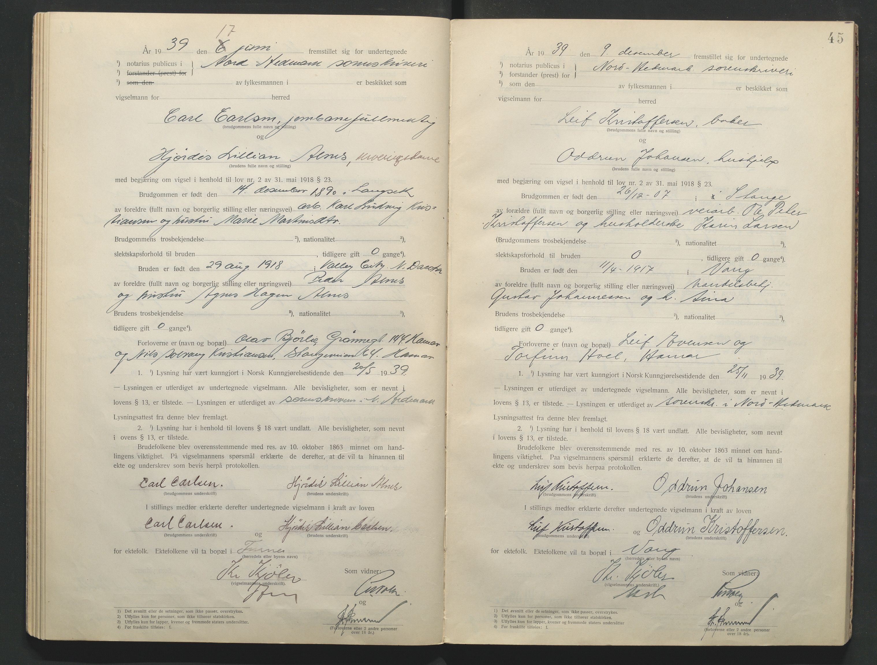 Nord-Hedmark sorenskriveri, AV/SAH-TING-012/L/Lc/L0001/0001: Vigselsprotokoller / Vigselsprotokoll, 1920-1942, p. 45