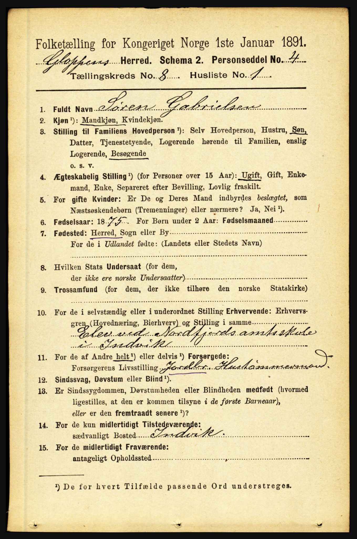 RA, 1891 census for 1445 Gloppen, 1891, p. 3154