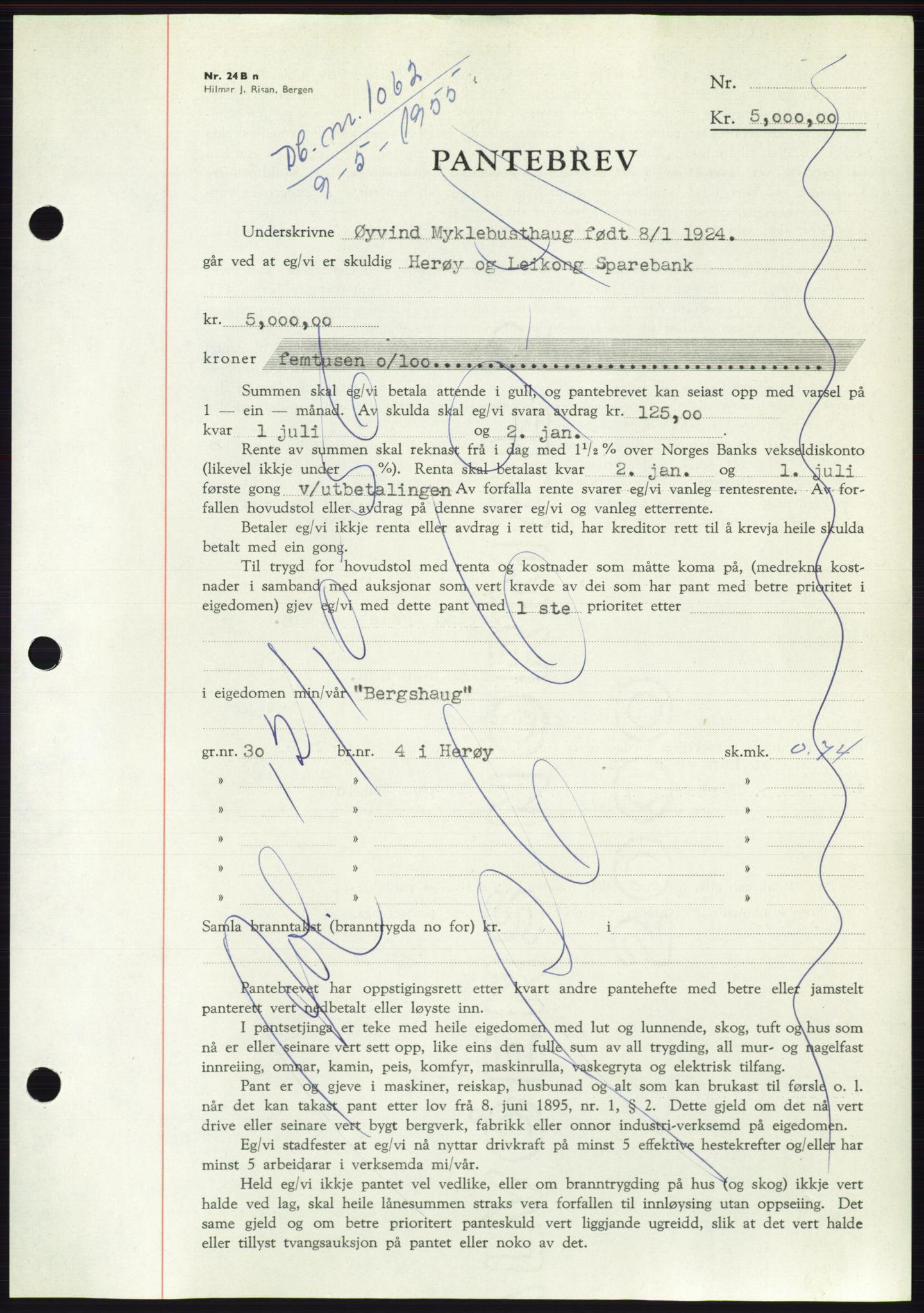 Søre Sunnmøre sorenskriveri, AV/SAT-A-4122/1/2/2C/L0126: Mortgage book no. 14B, 1954-1955, Diary no: : 1062/1955