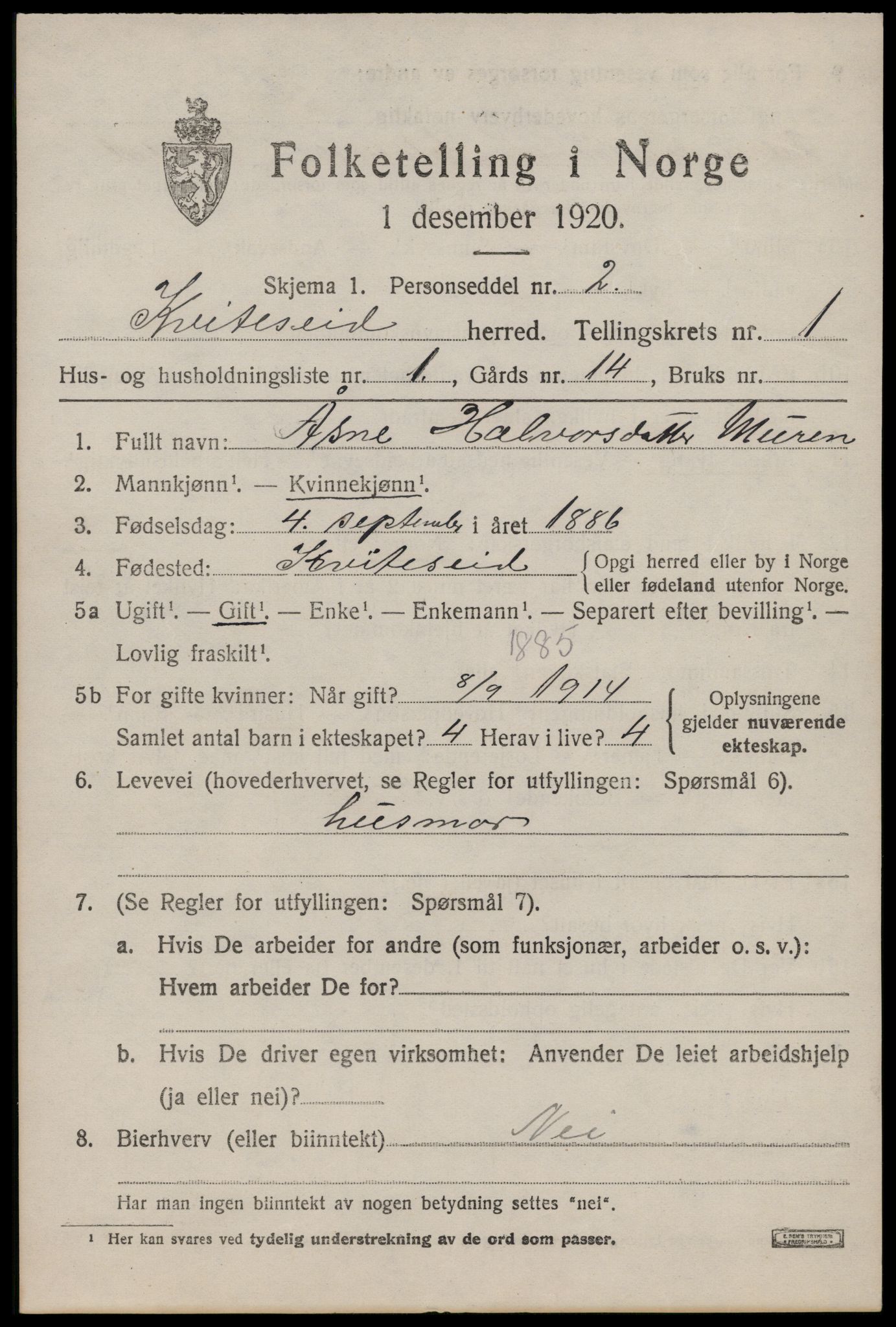 SAKO, 1920 census for Kviteseid, 1920, p. 1411