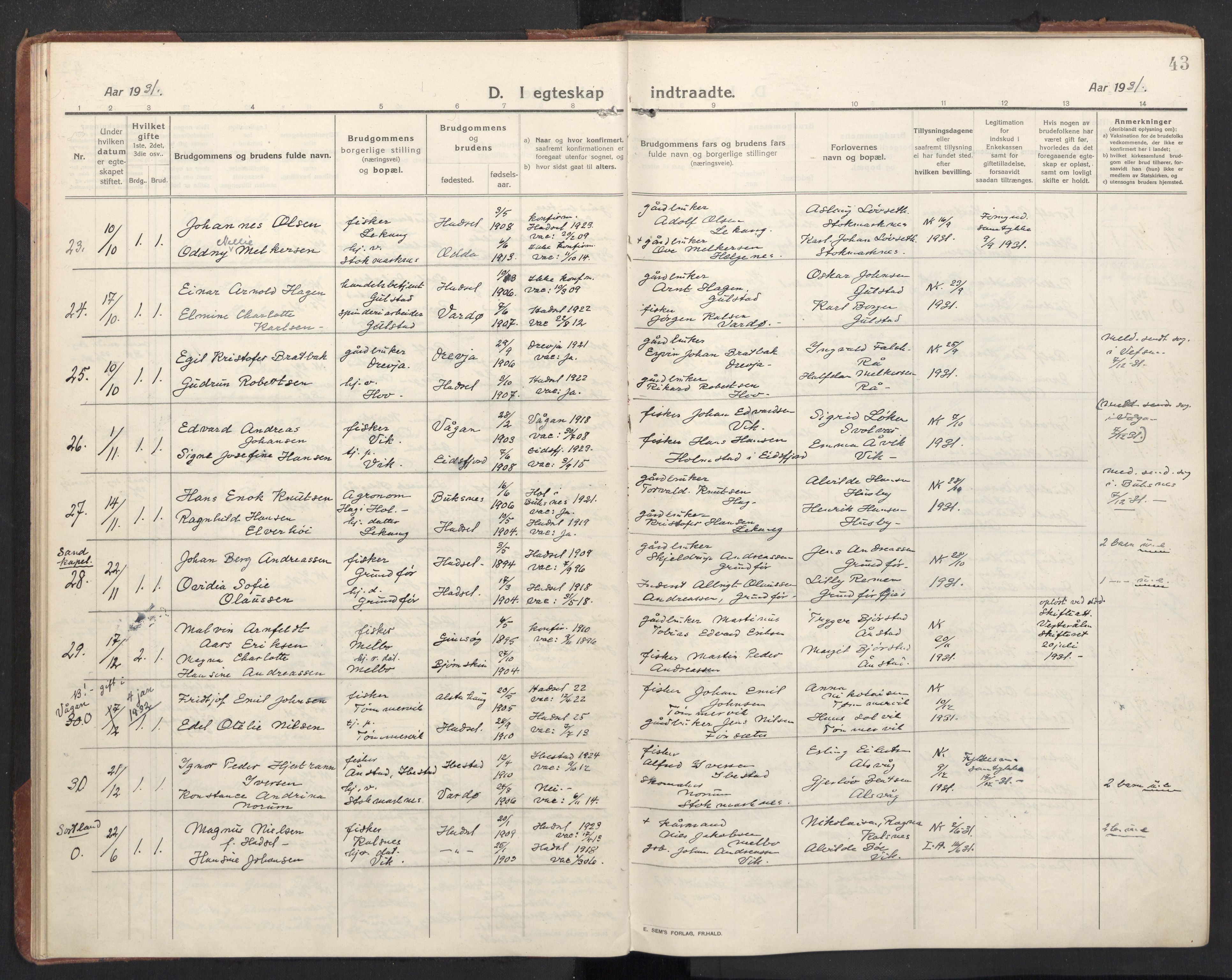 Ministerialprotokoller, klokkerbøker og fødselsregistre - Nordland, AV/SAT-A-1459/888/L1269: Parish register (copy) no. 888C11, 1913-1937, p. 43