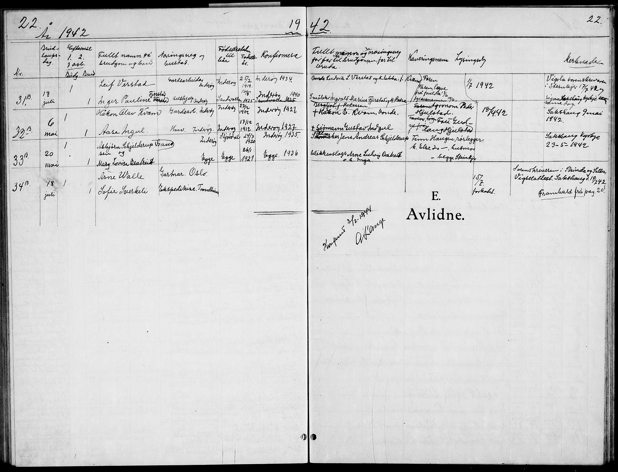 Ministerialprotokoller, klokkerbøker og fødselsregistre - Nord-Trøndelag, SAT/A-1458/730/L0304: Parish register (copy) no. 730C07, 1934-1945, p. 22