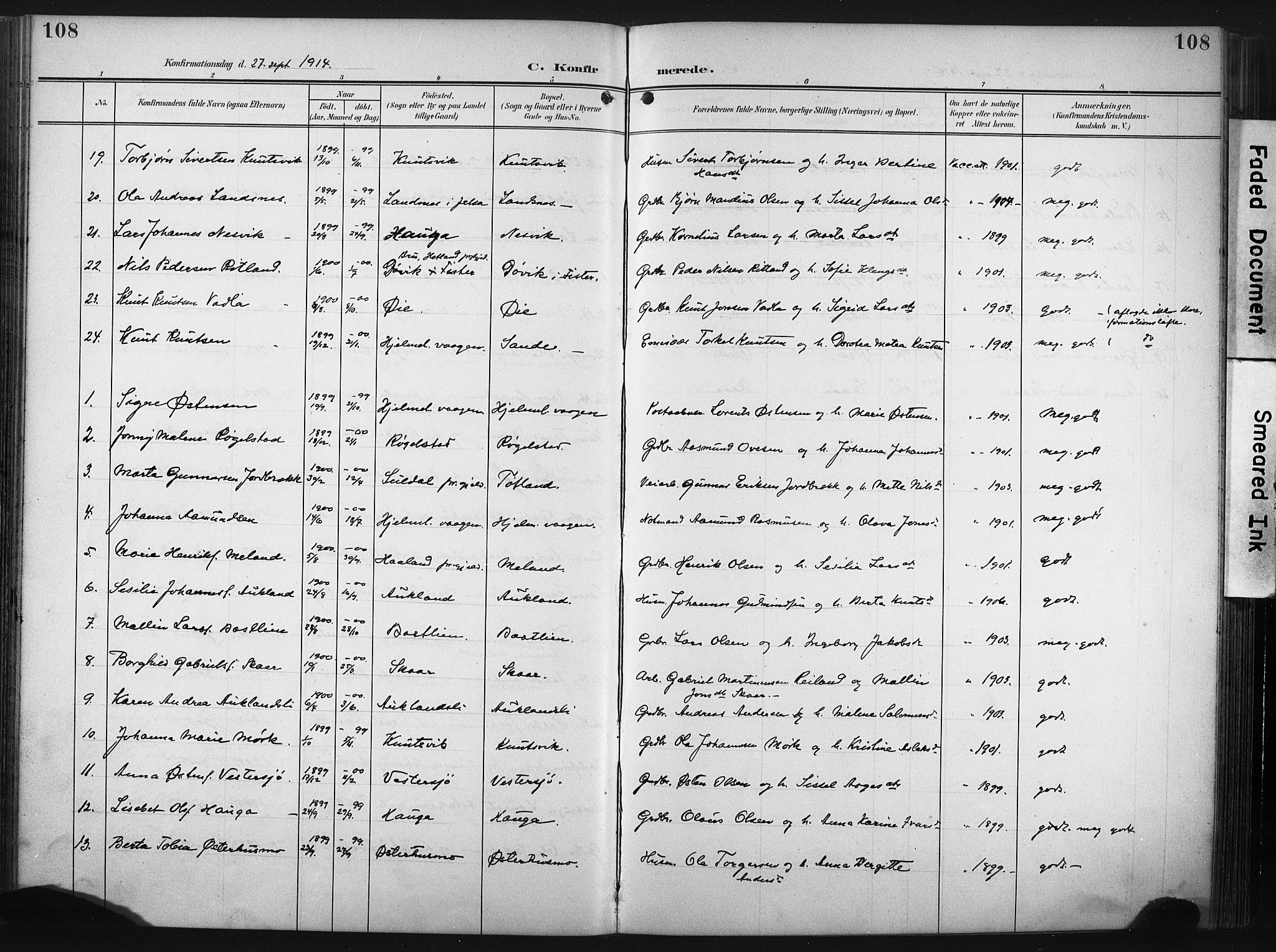 Hjelmeland sokneprestkontor, AV/SAST-A-101843/02/A/L0002: Parish register (official) no. A 17, 1901-1916, p. 108