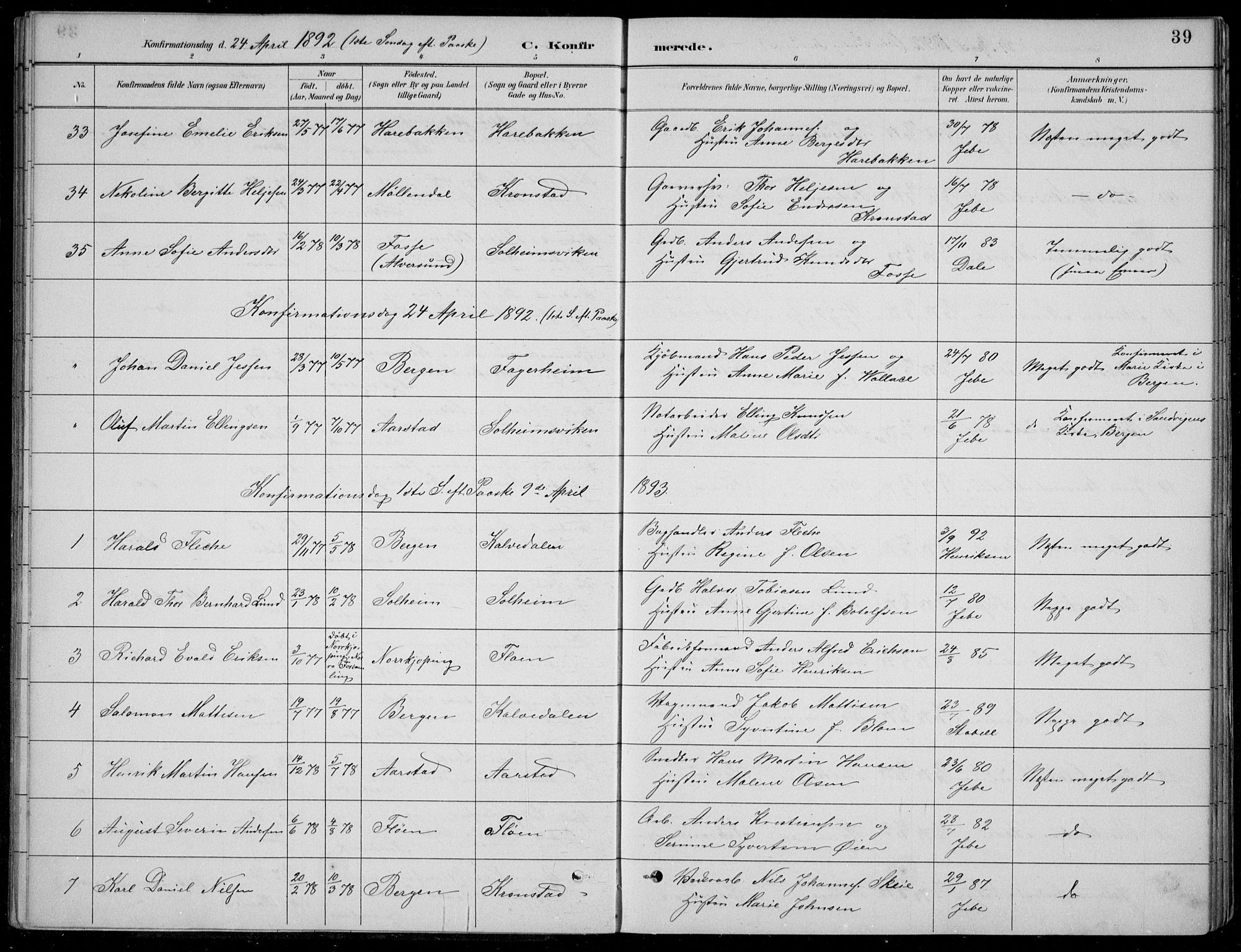 Årstad Sokneprestembete, SAB/A-79301/H/Hab/L0011: Parish register (copy) no. B 1, 1886-1901, p. 39