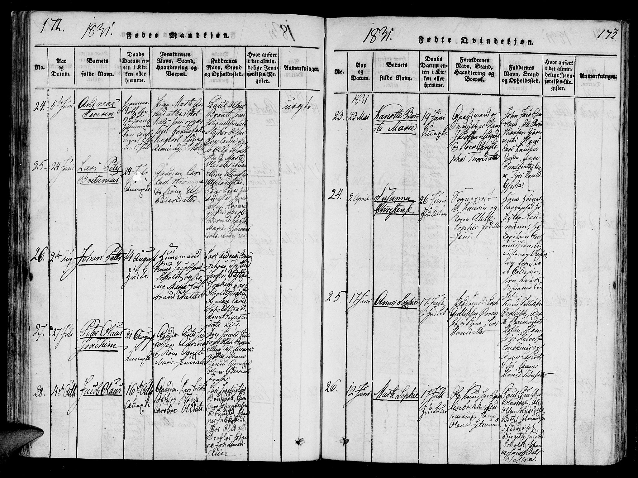 Ministerialprotokoller, klokkerbøker og fødselsregistre - Møre og Romsdal, SAT/A-1454/522/L0310: Parish register (official) no. 522A05, 1816-1832, p. 172-173