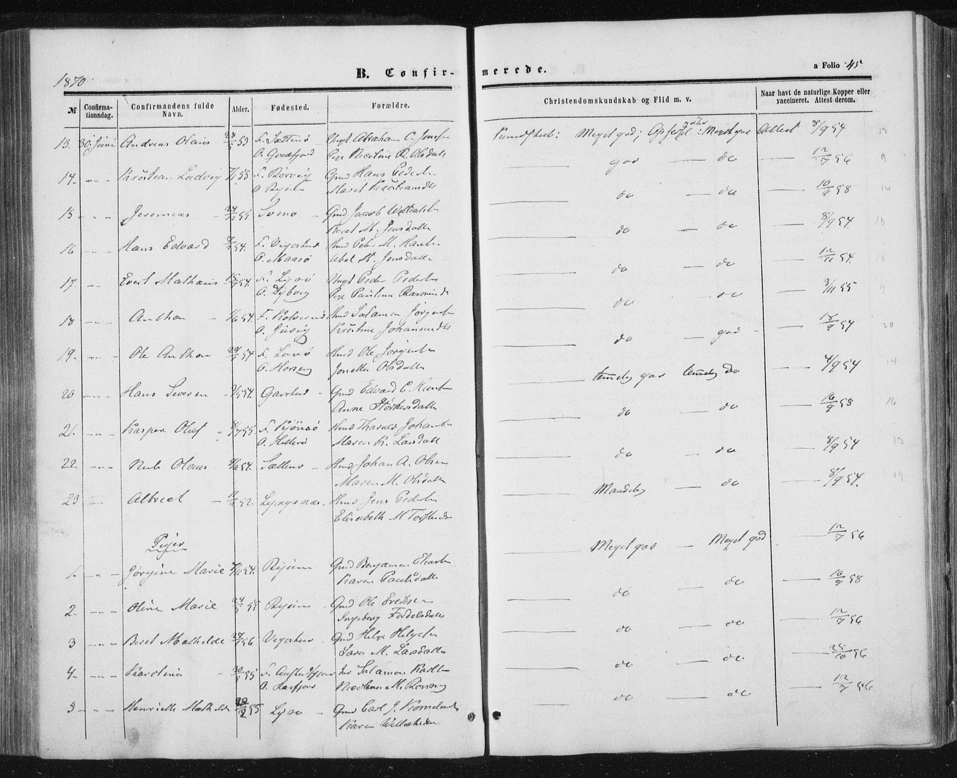 Ministerialprotokoller, klokkerbøker og fødselsregistre - Nord-Trøndelag, AV/SAT-A-1458/784/L0670: Parish register (official) no. 784A05, 1860-1876, p. 45