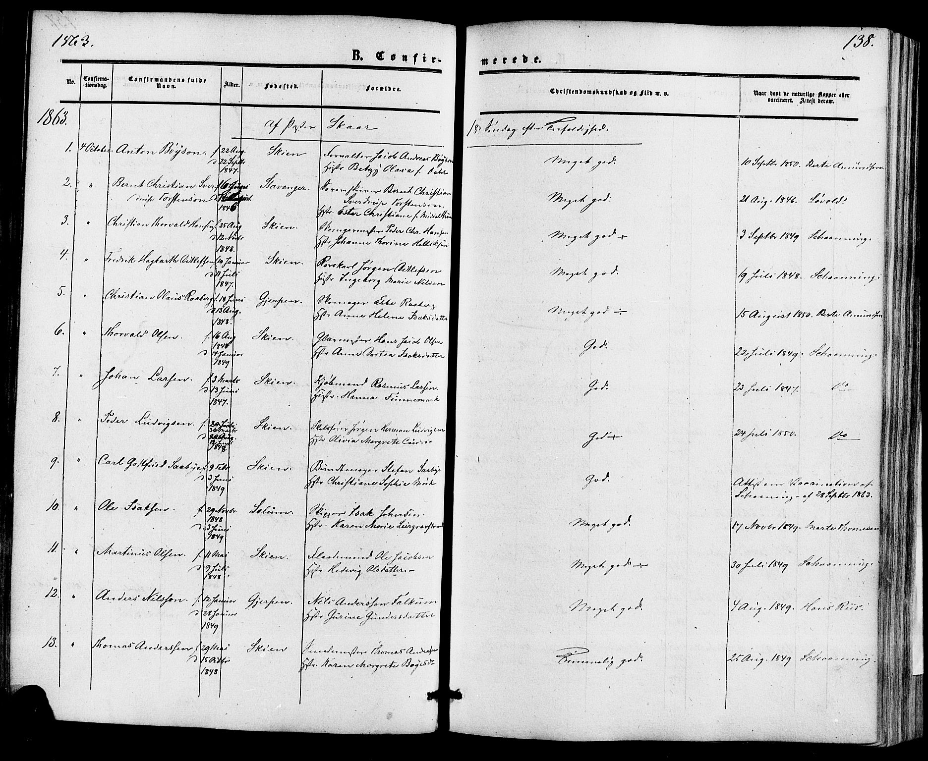 Skien kirkebøker, AV/SAKO-A-302/F/Fa/L0007: Parish register (official) no. 7, 1856-1865, p. 138