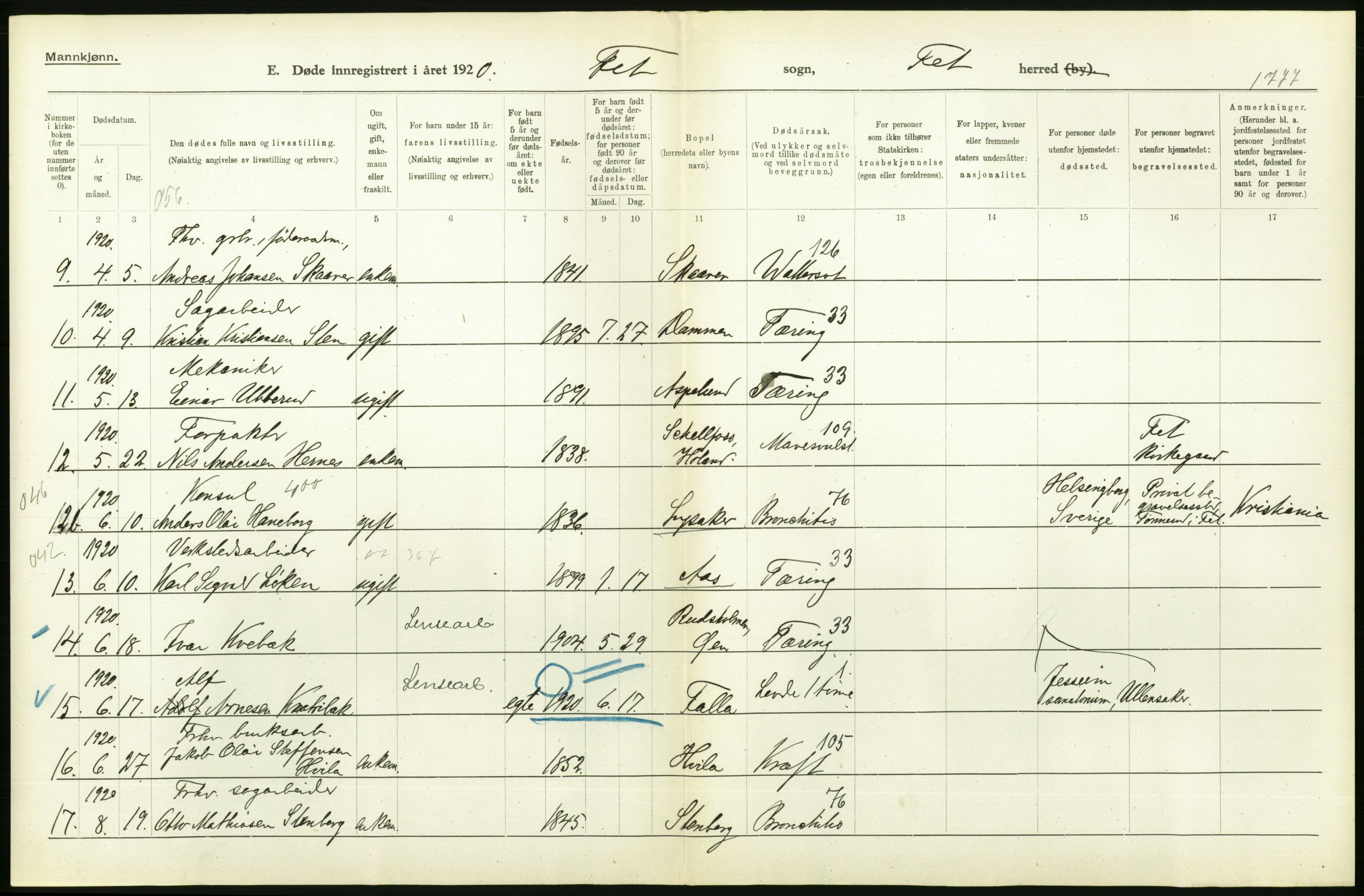 Statistisk sentralbyrå, Sosiodemografiske emner, Befolkning, AV/RA-S-2228/D/Df/Dfb/Dfbj/L0007: Akershus fylke: Døde. Bygder og byer., 1920, p. 162