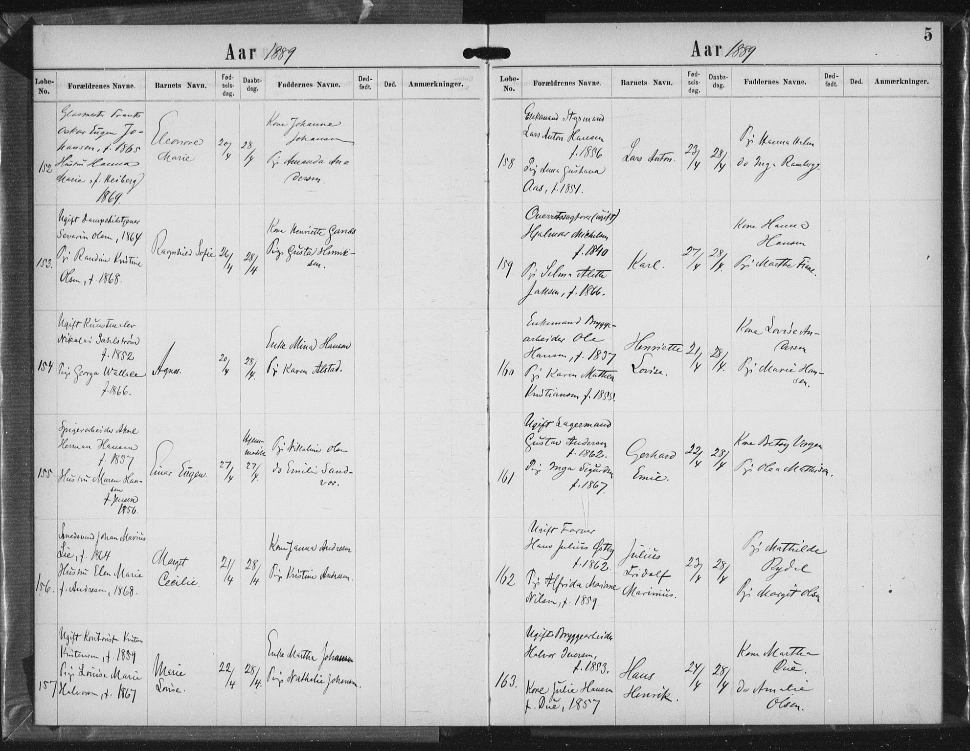 Rikshospitalet prestekontor Kirkebøker, AV/SAO-A-10309b/K/L0003/0003: Baptism register no. 3.3, 1889-1892, p. 5
