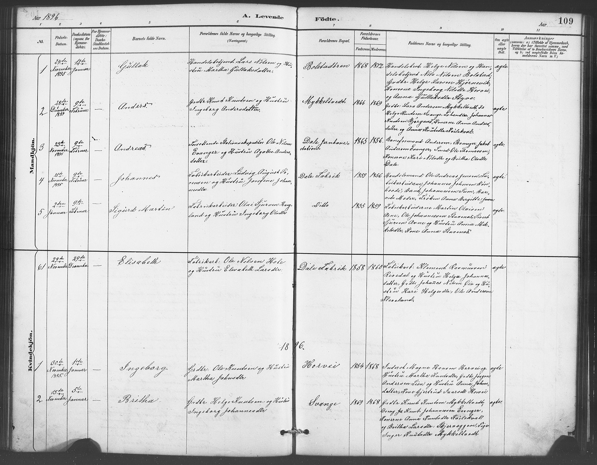 Evanger sokneprestembete, SAB/A-99924: Parish register (copy) no. A 4, 1887-1897, p. 109