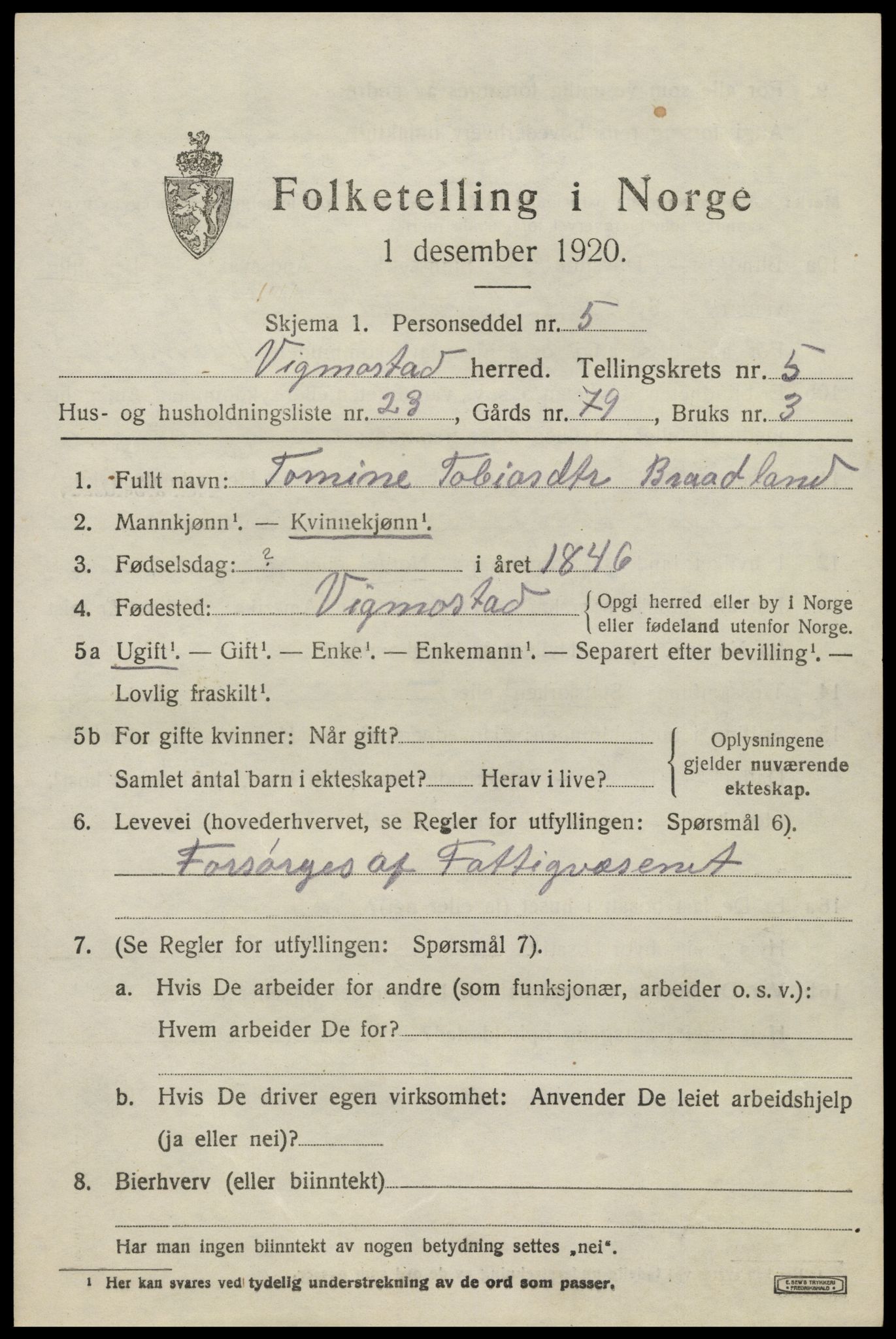 SAK, 1920 census for Vigmostad, 1920, p. 1893