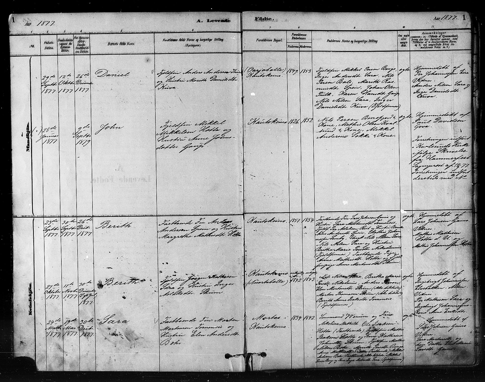 Kautokeino sokneprestembete, AV/SATØ-S-1340/H/Ha/L0004.kirke: Parish register (official) no. 4, 1877-1896, p. 1