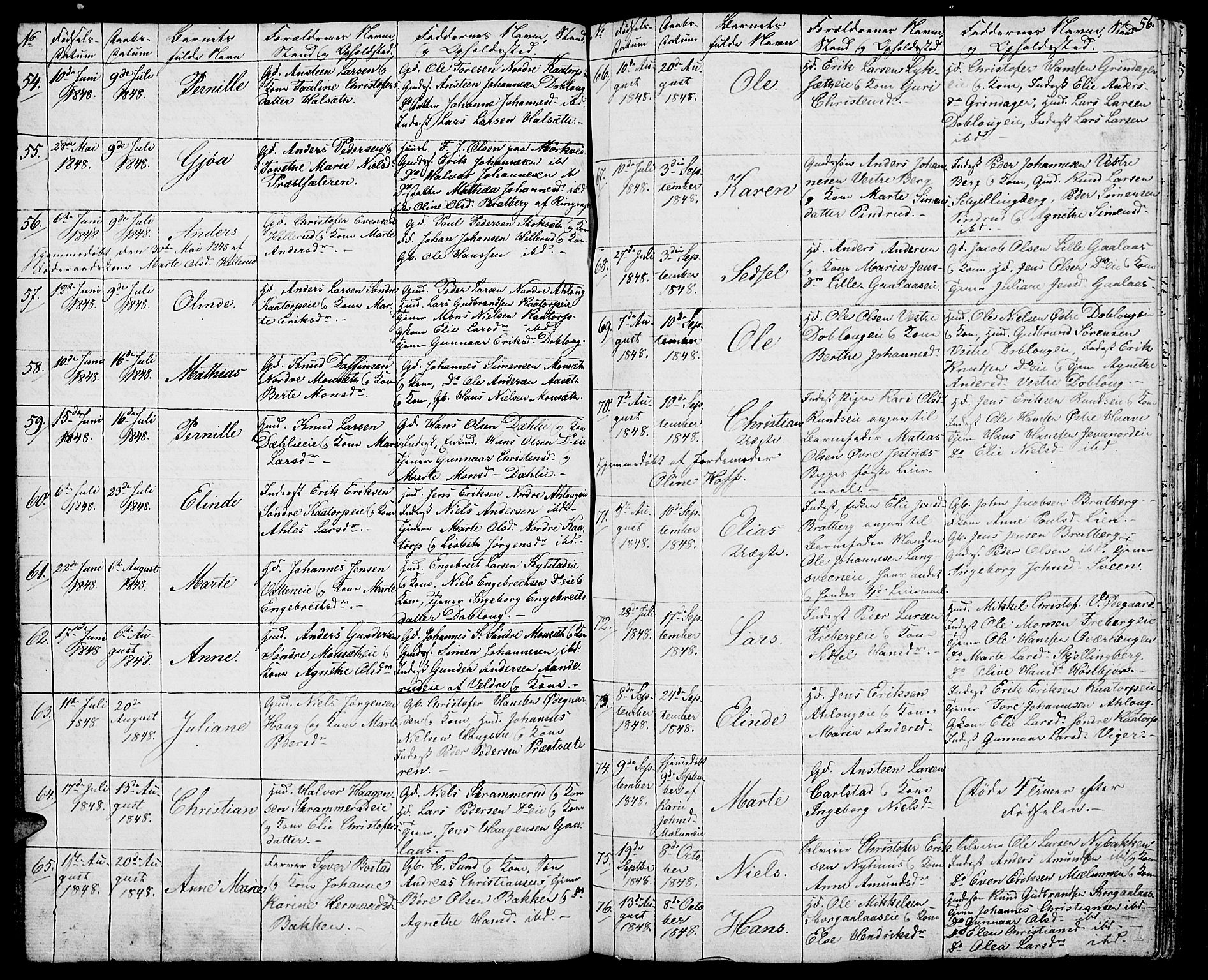 Vang prestekontor, Hedmark, AV/SAH-PREST-008/H/Ha/Hab/L0009: Parish register (copy) no. 9, 1836-1870, p. 56