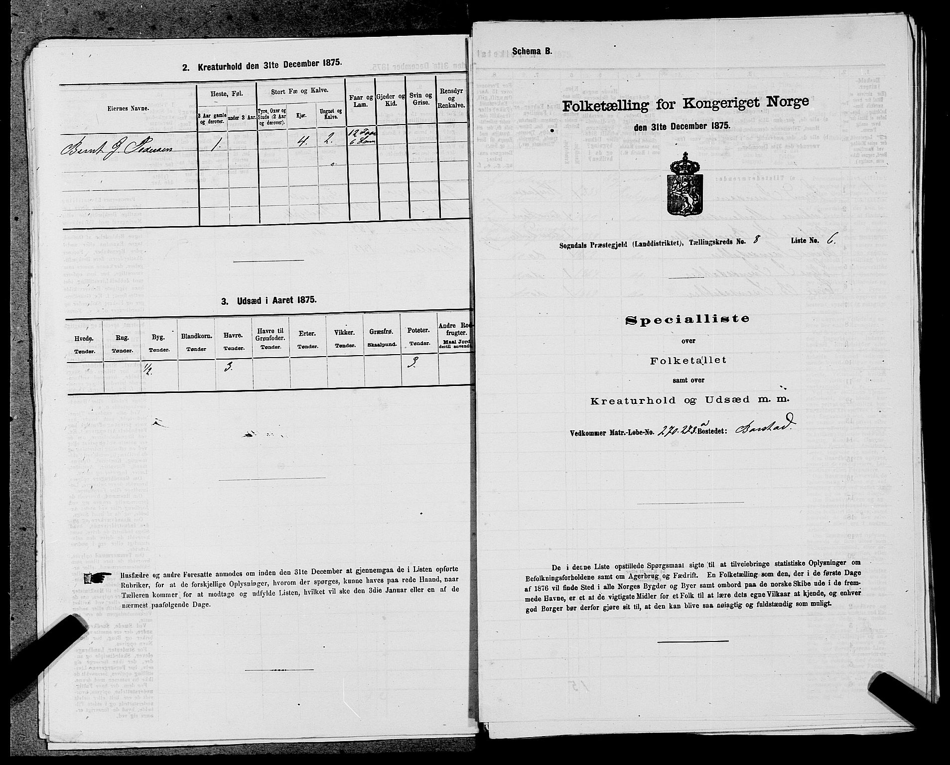 SAST, 1875 census for 1111L Sokndal/Sokndal, 1875, p. 725