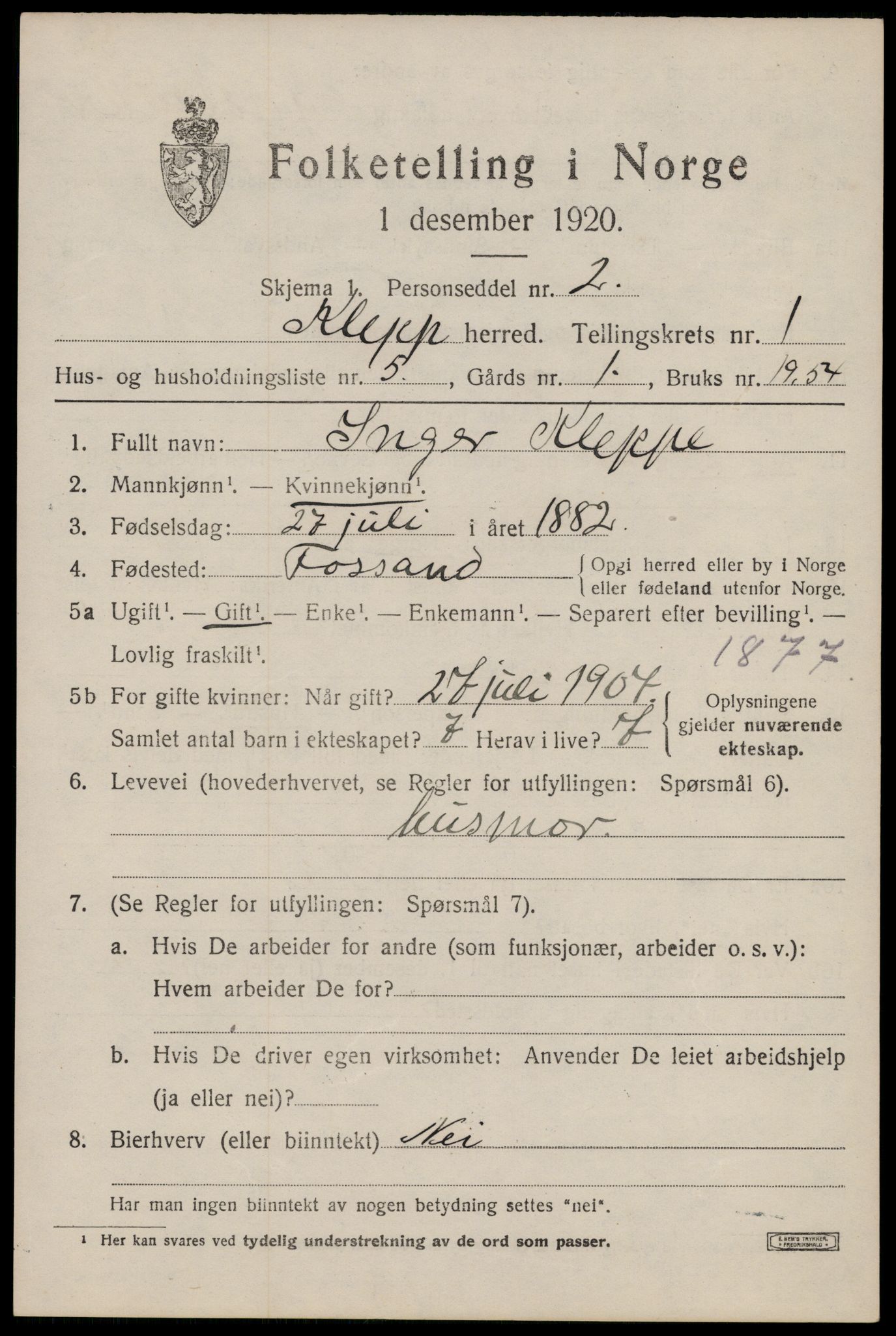 SAST, 1920 census for Klepp, 1920, p. 1262
