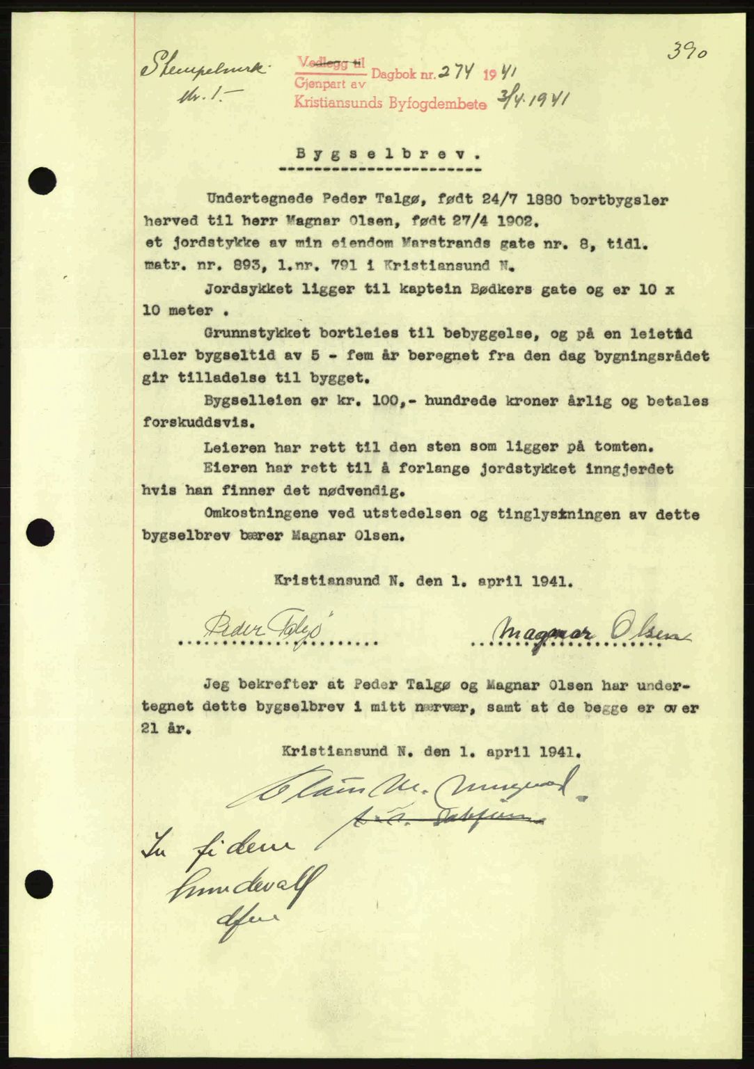 Kristiansund byfogd, AV/SAT-A-4587/A/27: Mortgage book no. 33, 1939-1941, Diary no: : 274/1941