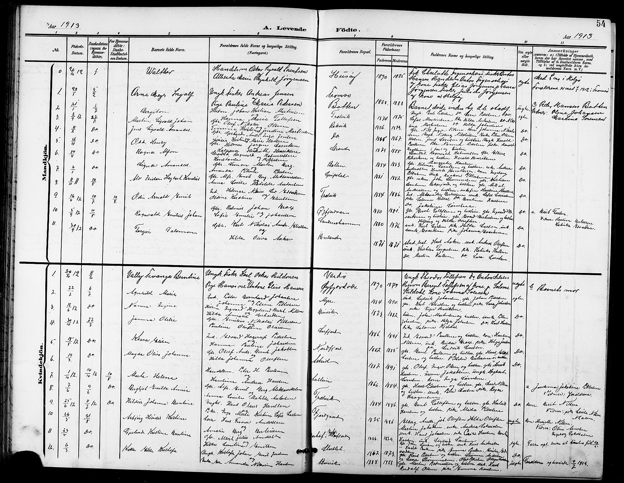 Lenvik sokneprestembete, AV/SATØ-S-1310/H/Ha/Hab/L0022klokker: Parish register (copy) no. 22, 1901-1918, p. 54
